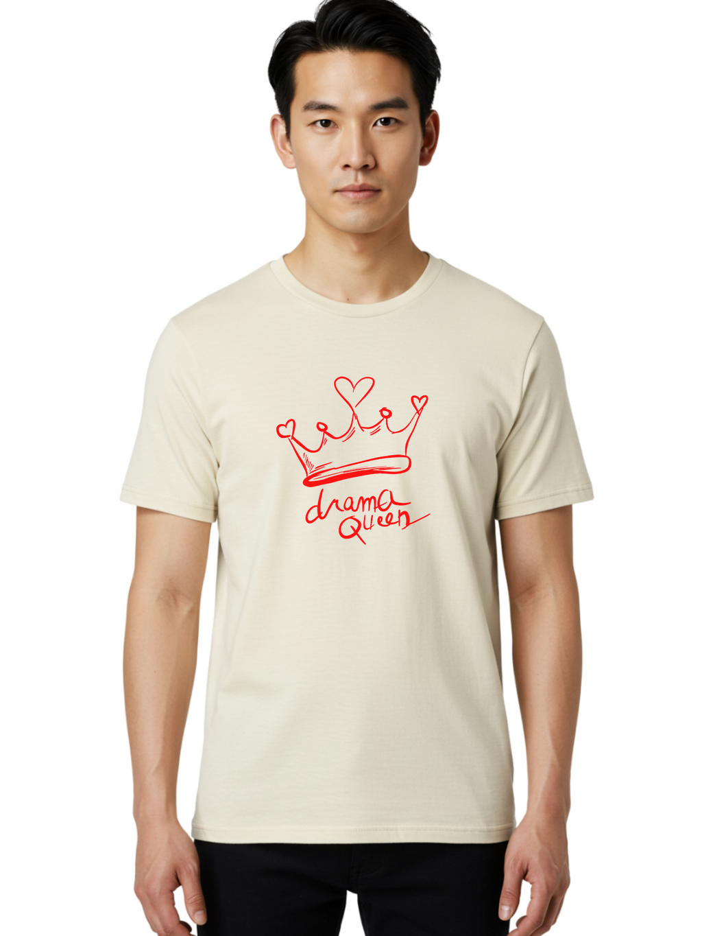 Drama-Queen Men'S Graphic Tee, 100% Cotton, Comfortable Casual Summer Wear, Machine Washable, Hand-Drawn Crown With Hearts, Red Ink Illustration, Drama Queen Phrase, Royal Symbolism, Quirky Design, Heart-Shaped Decorations -  Aaa027