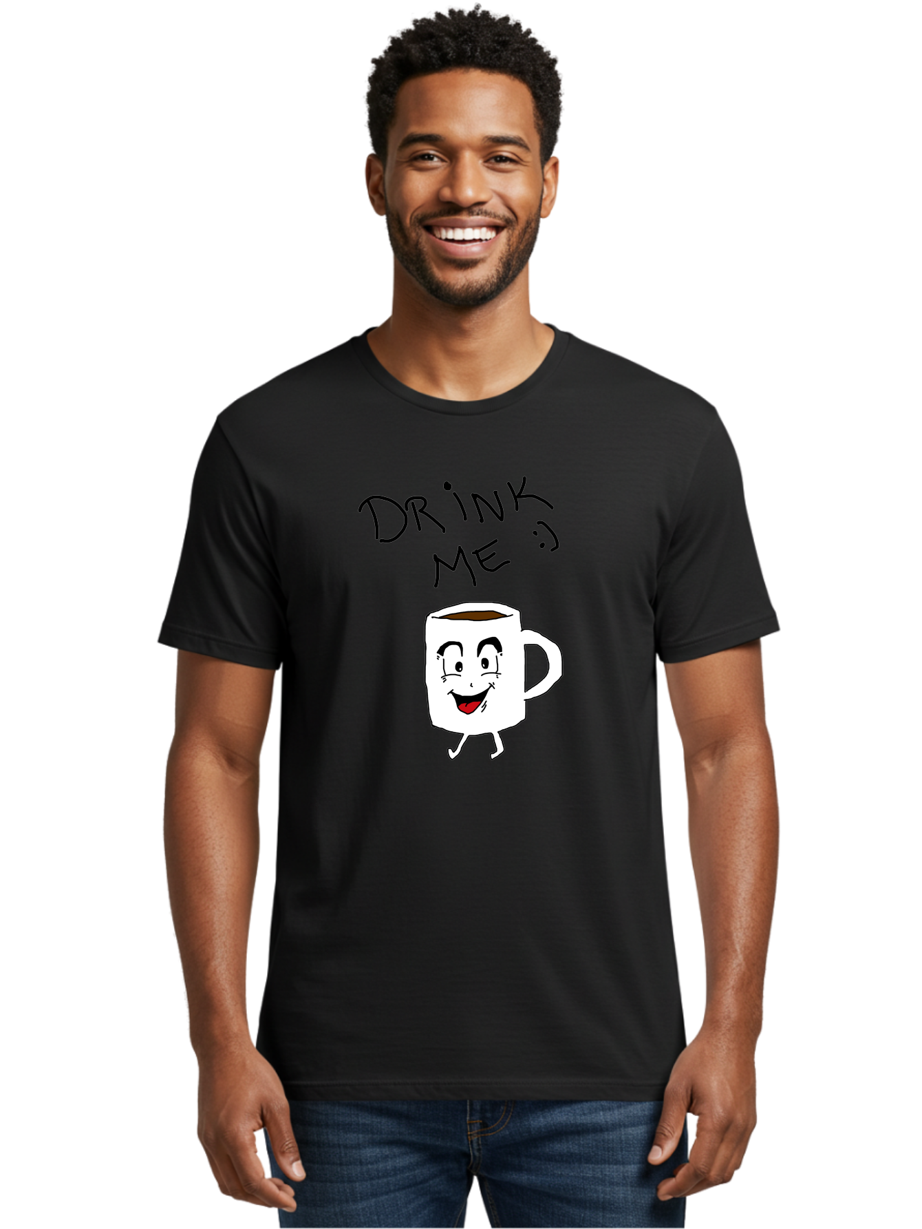 Drink-Me Men'S Graphic Tee, 100% Cotton, Comfortable Casual Summer Wear, Machine Washable, Cartoon Coffee Mug, Anthropomorphic Character, Smiling Face, Happy Expression, Coffee Drink, Beverage Illustration, Funny Character Design, -  Aaa029