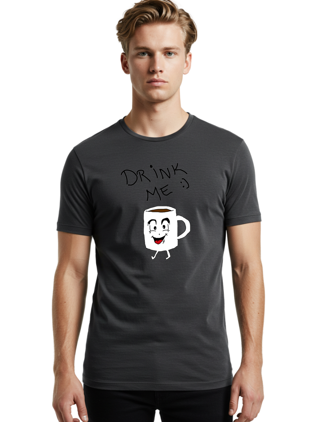 Drink-Me Men'S Graphic Tee, 100% Cotton, Comfortable Casual Summer Wear, Machine Washable, Cartoon Coffee Mug, Anthropomorphic Character, Smiling Face, Happy Expression, Coffee Drink, Beverage Illustration, Funny Character Design, -  Aaa029