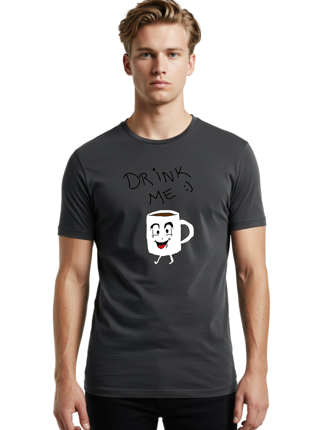 Drink-Me Men'S Graphic Tee, 100% Cotton, Comfortable Casual Summer Wear, Machine Washable, Cartoon Coffee Mug, Anthropomorphic Character, Smiling Face, Happy Expression, Coffee Drink, Beverage Illustration, Funny Character Design, -  Aaa029
