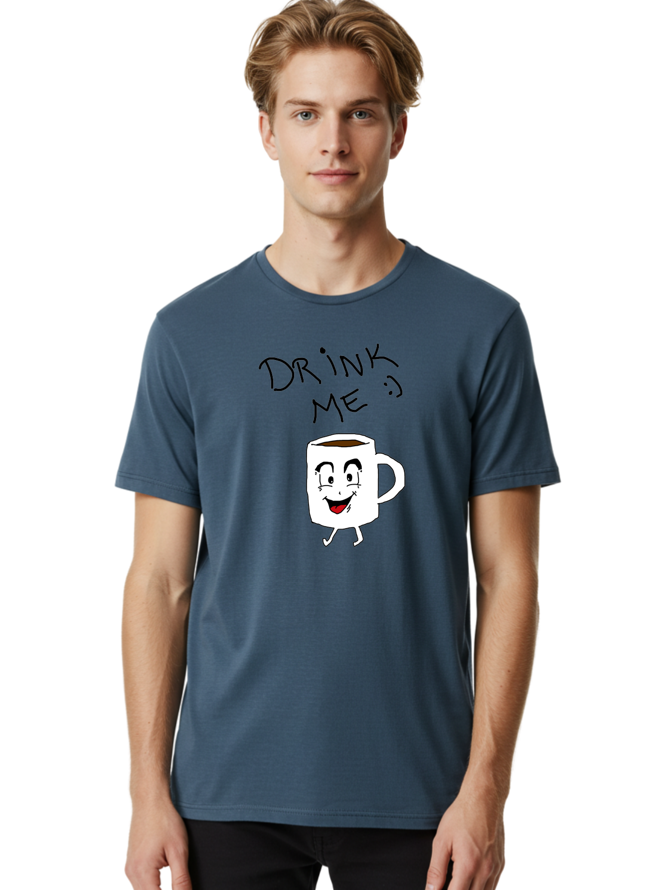 Drink-Me Men'S Graphic Tee, 100% Cotton, Comfortable Casual Summer Wear, Machine Washable, Cartoon Coffee Mug, Anthropomorphic Character, Smiling Face, Happy Expression, Coffee Drink, Beverage Illustration, Funny Character Design, -  Aaa029