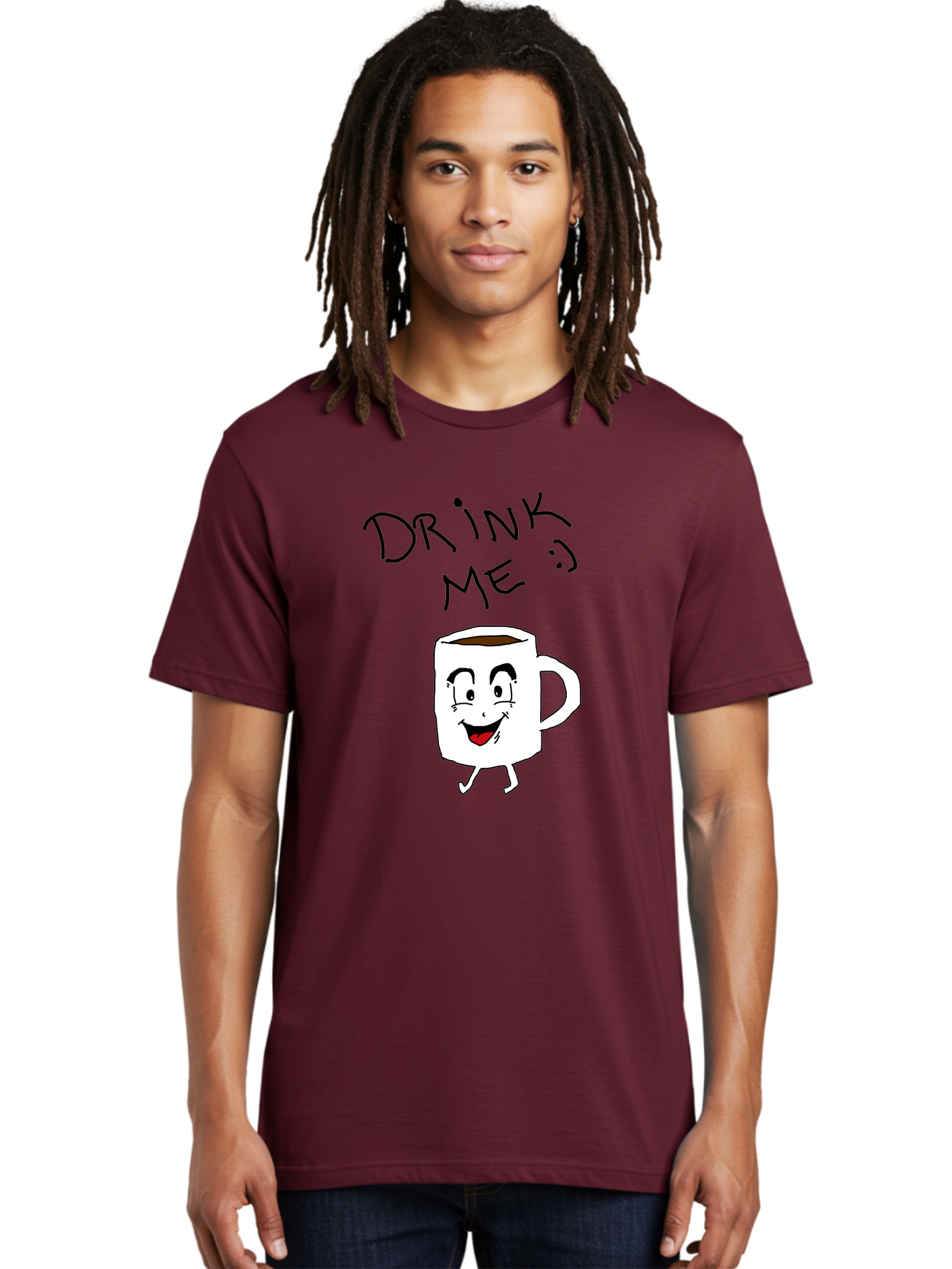 Drink-Me Men'S Graphic Tee, 100% Cotton, Comfortable Casual Summer Wear, Machine Washable, Cartoon Coffee Mug, Anthropomorphic Character, Smiling Face, Happy Expression, Coffee Drink, Beverage Illustration, Funny Character Design, -  Aaa029
