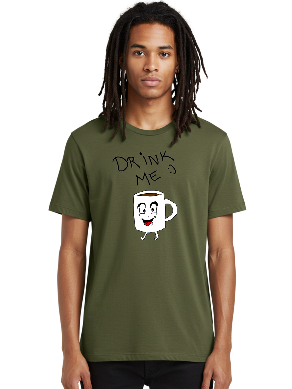 Drink-Me Men'S Graphic Tee, 100% Cotton, Comfortable Casual Summer Wear, Machine Washable, Cartoon Coffee Mug, Anthropomorphic Character, Smiling Face, Happy Expression, Coffee Drink, Beverage Illustration, Funny Character Design, -  Aaa029