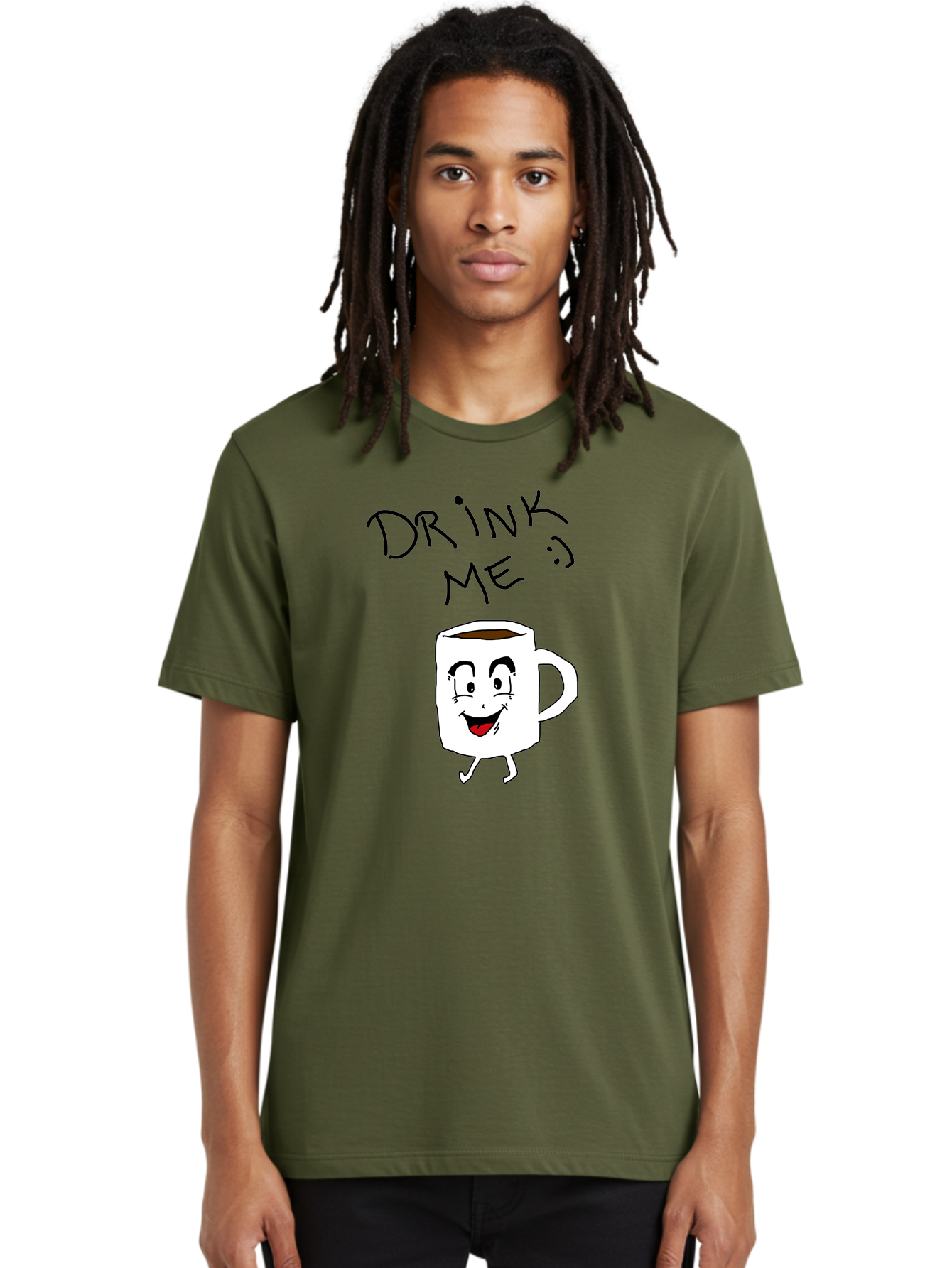 Drink-Me Men'S Graphic Tee, 100% Cotton, Comfortable Casual Summer Wear, Machine Washable, Cartoon Coffee Mug, Anthropomorphic Character, Smiling Face, Happy Expression, Coffee Drink, Beverage Illustration, Funny Character Design, -  Aaa029