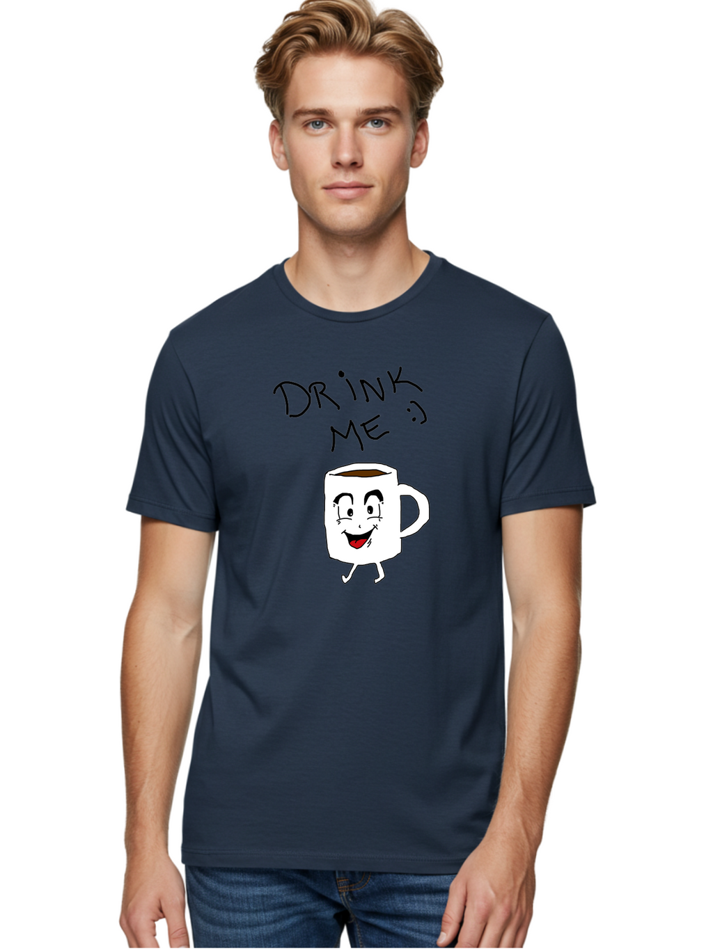 Drink-Me Men'S Graphic Tee, 100% Cotton, Comfortable Casual Summer Wear, Machine Washable, Cartoon Coffee Mug, Anthropomorphic Character, Smiling Face, Happy Expression, Coffee Drink, Beverage Illustration, Funny Character Design, -  Aaa029