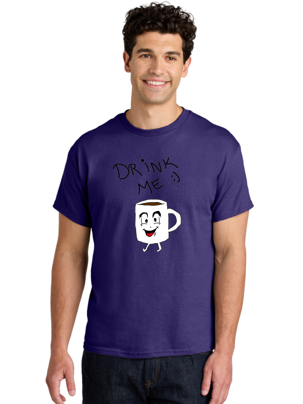 Drink-Me Men'S Graphic Tee, 100% Cotton, Comfortable Casual Summer Wear, Machine Washable, Cartoon Coffee Mug, Anthropomorphic Character, Smiling Face, Happy Expression, Coffee Drink, Beverage Illustration, Funny Character Design, -  Aaa029