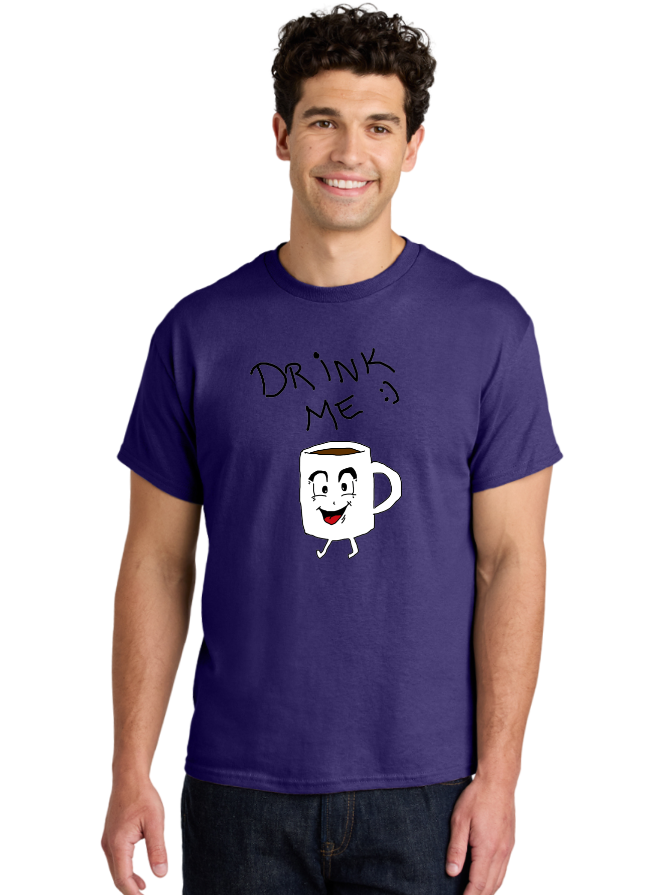 Drink-Me Men'S Graphic Tee, 100% Cotton, Comfortable Casual Summer Wear, Machine Washable, Cartoon Coffee Mug, Anthropomorphic Character, Smiling Face, Happy Expression, Coffee Drink, Beverage Illustration, Funny Character Design, -  Aaa029