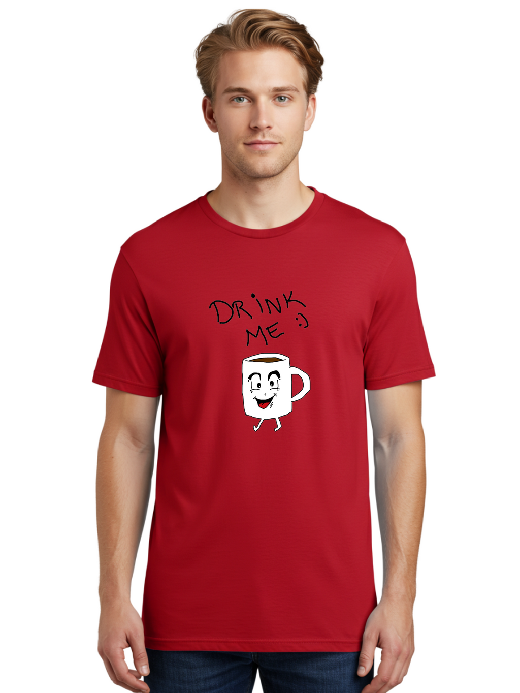 Drink-Me Men'S Graphic Tee, 100% Cotton, Comfortable Casual Summer Wear, Machine Washable, Cartoon Coffee Mug, Anthropomorphic Character, Smiling Face, Happy Expression, Coffee Drink, Beverage Illustration, Funny Character Design, -  Aaa029