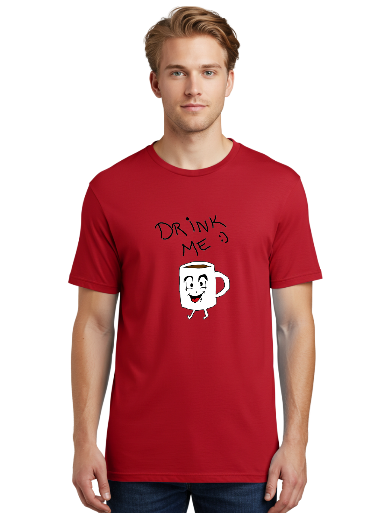 Drink-Me Men'S Graphic Tee, 100% Cotton, Comfortable Casual Summer Wear, Machine Washable, Cartoon Coffee Mug, Anthropomorphic Character, Smiling Face, Happy Expression, Coffee Drink, Beverage Illustration, Funny Character Design, -  Aaa029