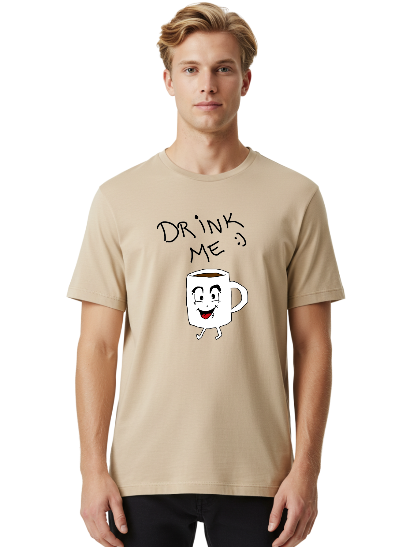 Drink-Me Men'S Graphic Tee, 100% Cotton, Comfortable Casual Summer Wear, Machine Washable, Cartoon Coffee Mug, Anthropomorphic Character, Smiling Face, Happy Expression, Coffee Drink, Beverage Illustration, Funny Character Design, -  Aaa029