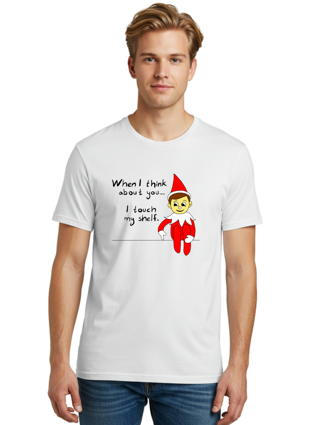 Elf-On-The-Shelf-Meme Men'S Graphic Tee, 100% Cotton, Comfortable Casual Summer Wear, Machine Washable, Elf On The Shelf, Christmas Humor, Funny Elf, Holiday Jokes, Christmas Fun, Elf Antics, Festive Humor -  Aaa031