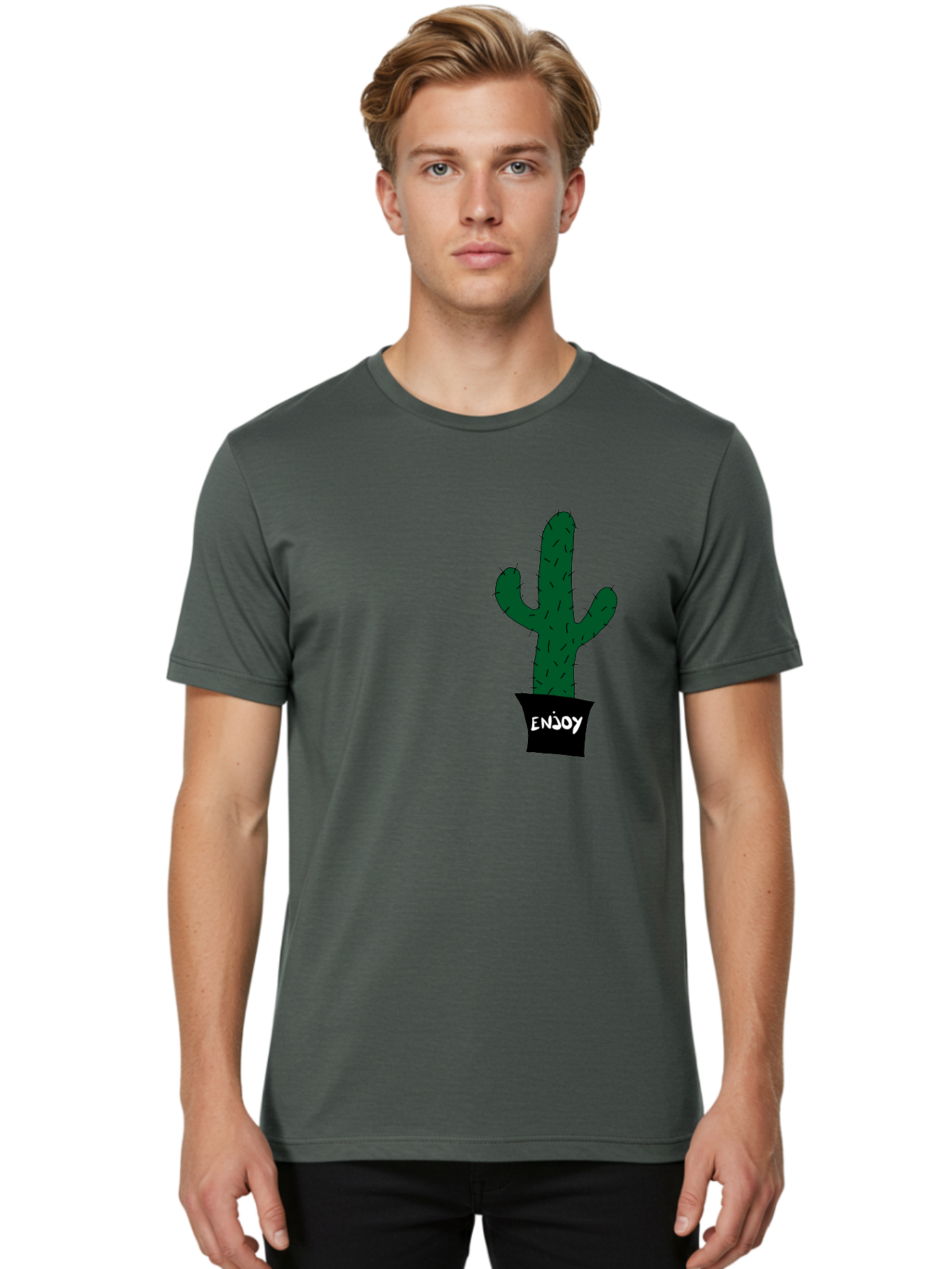 Enjoy Men'S Graphic Tee, 100% Cotton, Comfortable Casual Summer Wear, Machine Washable, Cactus In A Pot, Simple Design, Hand Drawn Illustration, Minimalistic Art, Cactus Plant, Enjoy Message, Modern Decor, Indoor Plants, Quirky Art, -  Aaa033