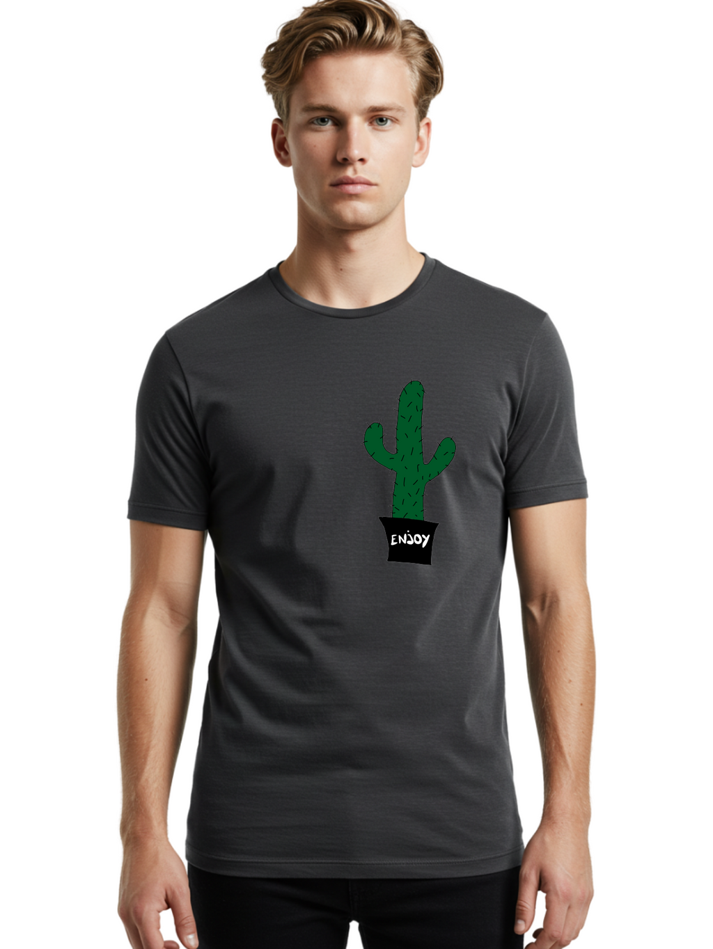 Enjoy Men'S Graphic Tee, 100% Cotton, Comfortable Casual Summer Wear, Machine Washable, Cactus In A Pot, Simple Design, Hand Drawn Illustration, Minimalistic Art, Cactus Plant, Enjoy Message, Modern Decor, Indoor Plants, Quirky Art, -  Aaa033