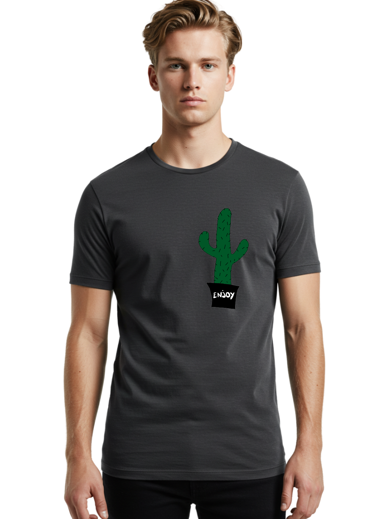 Enjoy Men'S Graphic Tee, 100% Cotton, Comfortable Casual Summer Wear, Machine Washable, Cactus In A Pot, Simple Design, Hand Drawn Illustration, Minimalistic Art, Cactus Plant, Enjoy Message, Modern Decor, Indoor Plants, Quirky Art, -  Aaa033