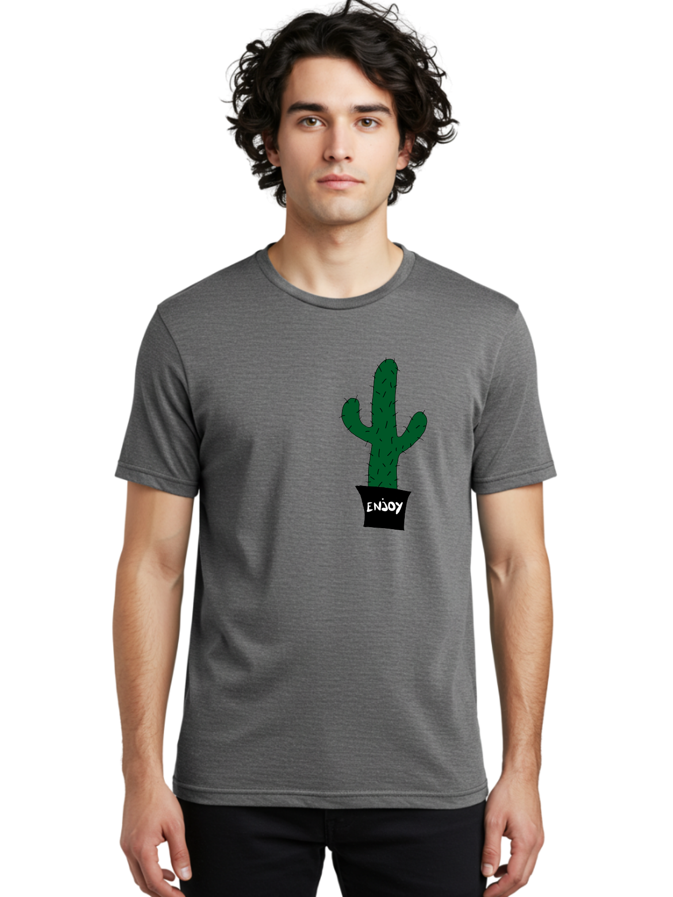 Enjoy Men'S Graphic Tee, 100% Cotton, Comfortable Casual Summer Wear, Machine Washable, Cactus In A Pot, Simple Design, Hand Drawn Illustration, Minimalistic Art, Cactus Plant, Enjoy Message, Modern Decor, Indoor Plants, Quirky Art, -  Aaa033