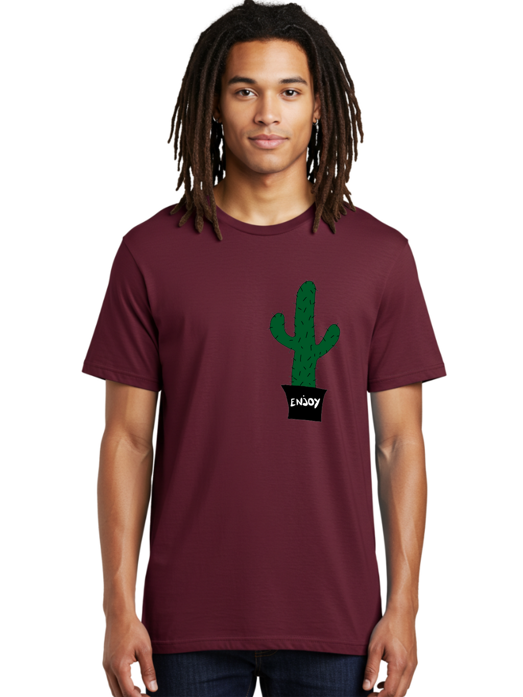 Enjoy Men'S Graphic Tee, 100% Cotton, Comfortable Casual Summer Wear, Machine Washable, Cactus In A Pot, Simple Design, Hand Drawn Illustration, Minimalistic Art, Cactus Plant, Enjoy Message, Modern Decor, Indoor Plants, Quirky Art, -  Aaa033