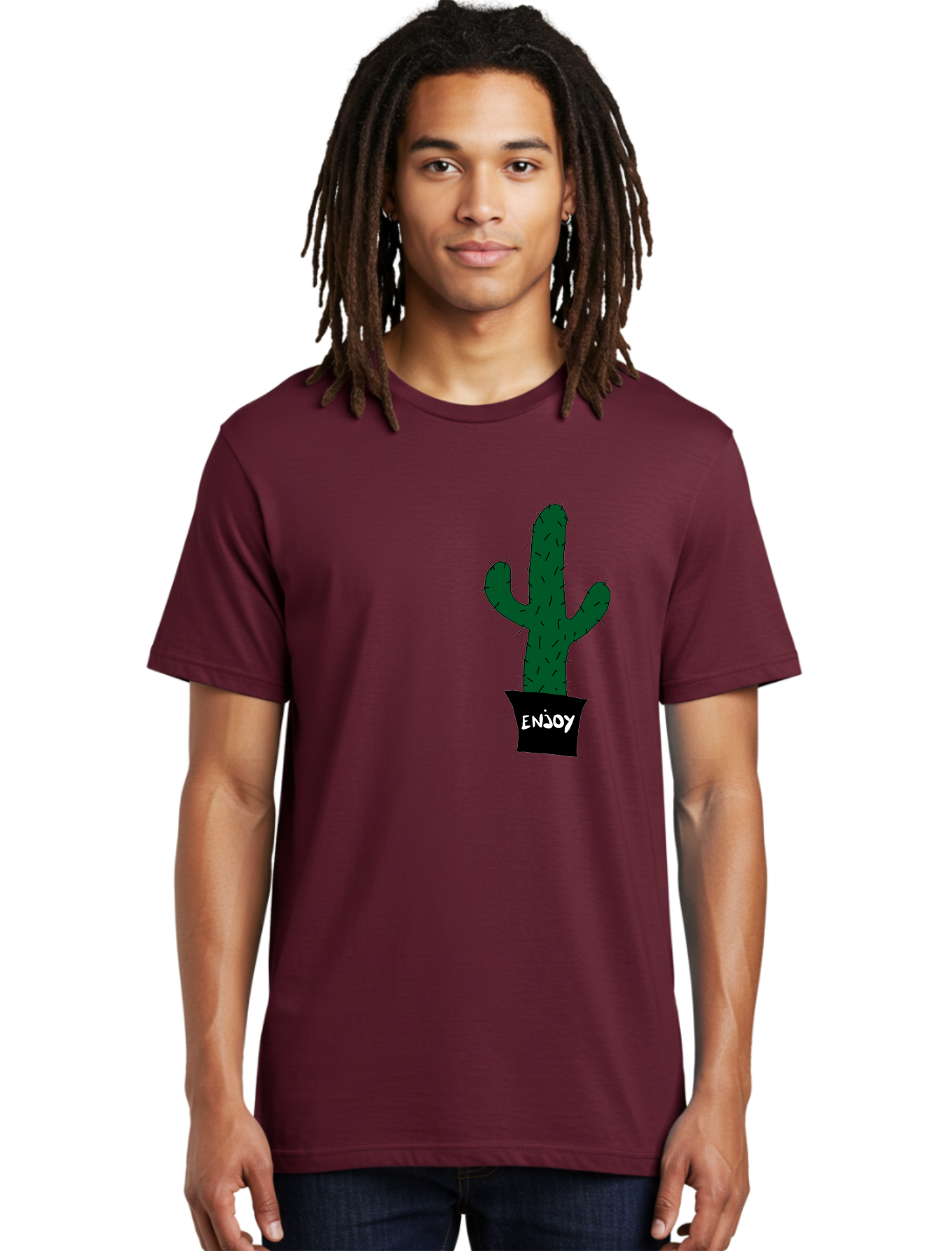 Enjoy Men'S Graphic Tee, 100% Cotton, Comfortable Casual Summer Wear, Machine Washable, Cactus In A Pot, Simple Design, Hand Drawn Illustration, Minimalistic Art, Cactus Plant, Enjoy Message, Modern Decor, Indoor Plants, Quirky Art, -  Aaa033