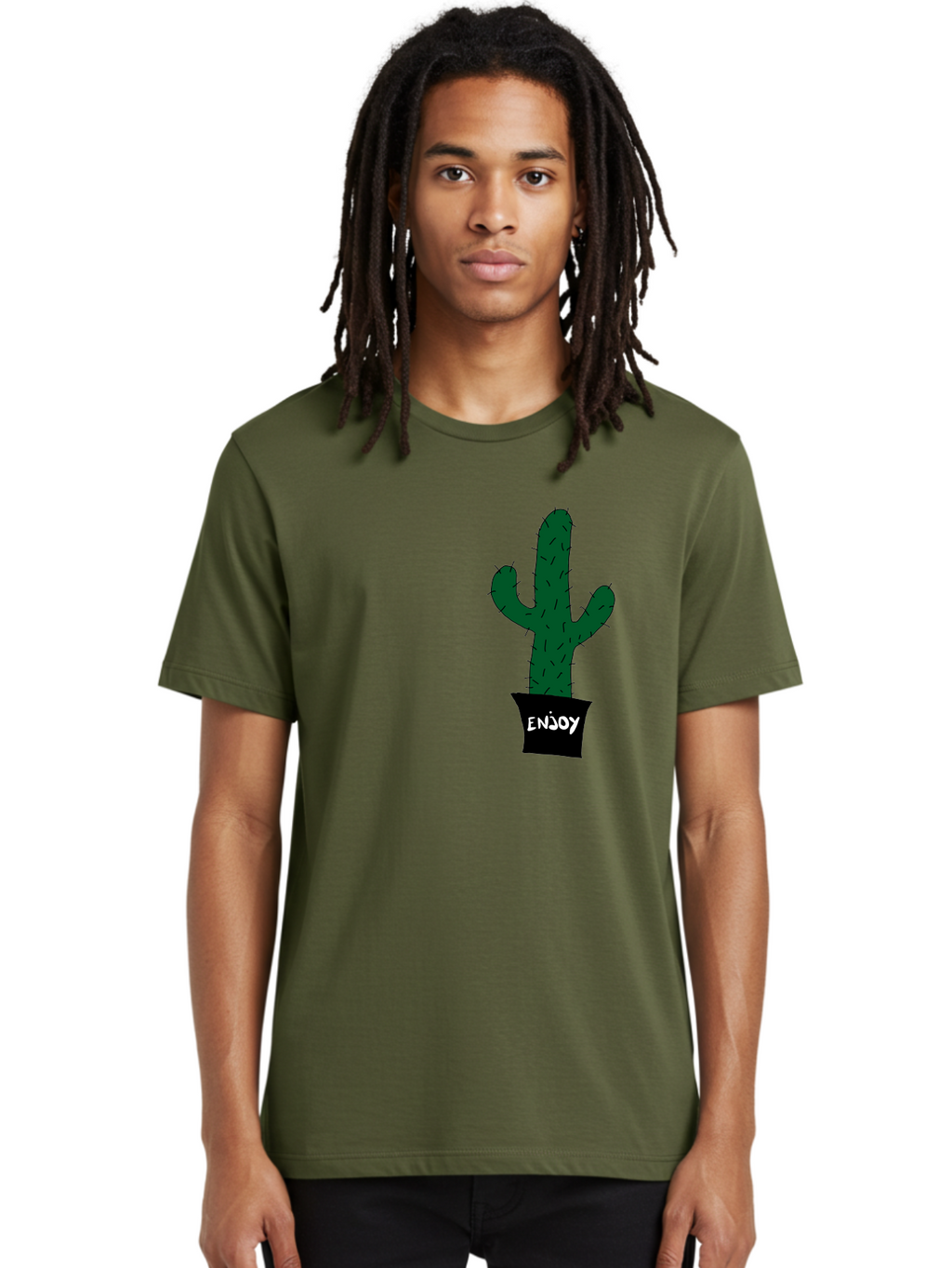 Enjoy Men'S Graphic Tee, 100% Cotton, Comfortable Casual Summer Wear, Machine Washable, Cactus In A Pot, Simple Design, Hand Drawn Illustration, Minimalistic Art, Cactus Plant, Enjoy Message, Modern Decor, Indoor Plants, Quirky Art, -  Aaa033
