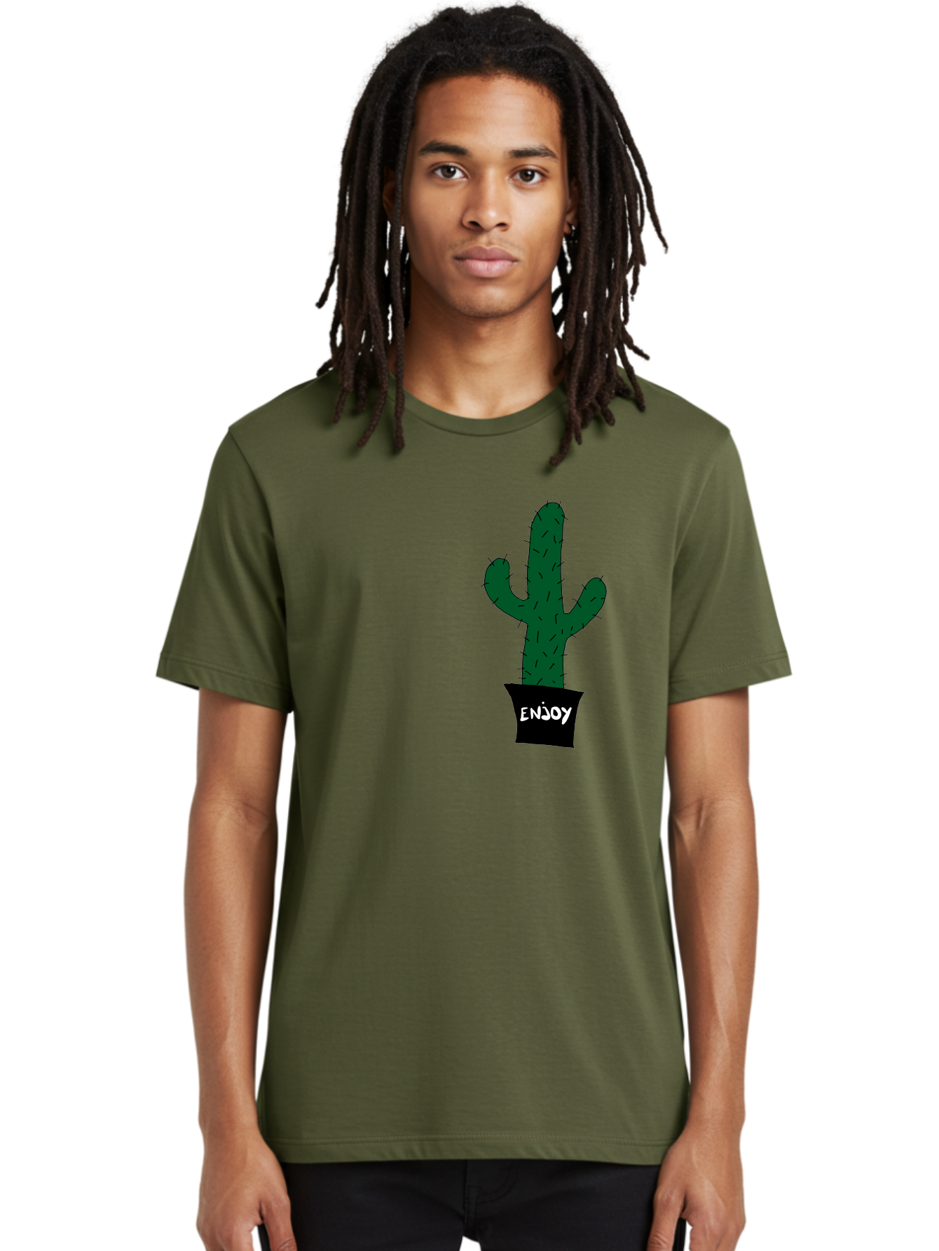 Enjoy Men'S Graphic Tee, 100% Cotton, Comfortable Casual Summer Wear, Machine Washable, Cactus In A Pot, Simple Design, Hand Drawn Illustration, Minimalistic Art, Cactus Plant, Enjoy Message, Modern Decor, Indoor Plants, Quirky Art, -  Aaa033