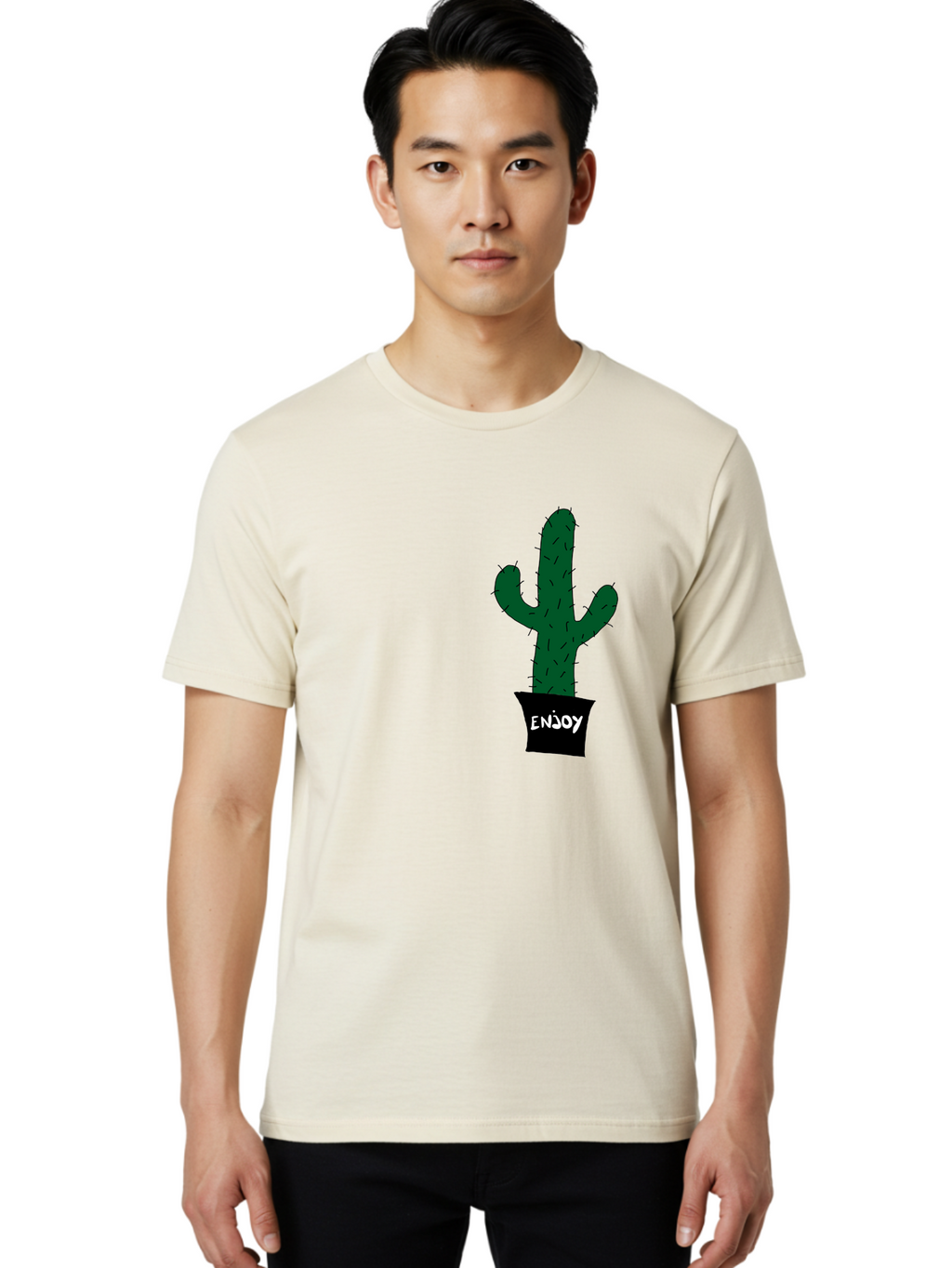 Enjoy Men'S Graphic Tee, 100% Cotton, Comfortable Casual Summer Wear, Machine Washable, Cactus In A Pot, Simple Design, Hand Drawn Illustration, Minimalistic Art, Cactus Plant, Enjoy Message, Modern Decor, Indoor Plants, Quirky Art, -  Aaa033