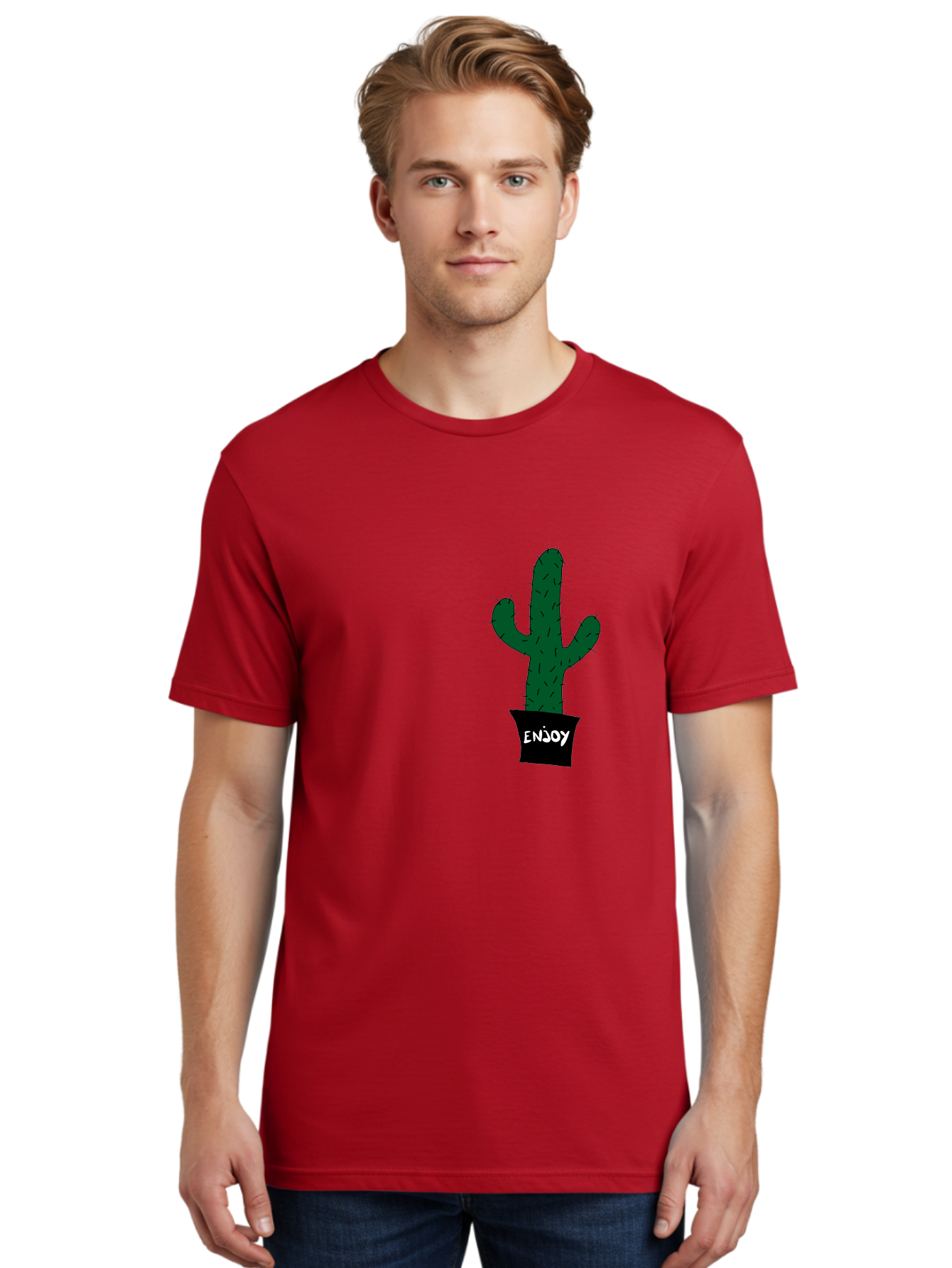 Enjoy Men'S Graphic Tee, 100% Cotton, Comfortable Casual Summer Wear, Machine Washable, Cactus In A Pot, Simple Design, Hand Drawn Illustration, Minimalistic Art, Cactus Plant, Enjoy Message, Modern Decor, Indoor Plants, Quirky Art, -  Aaa033