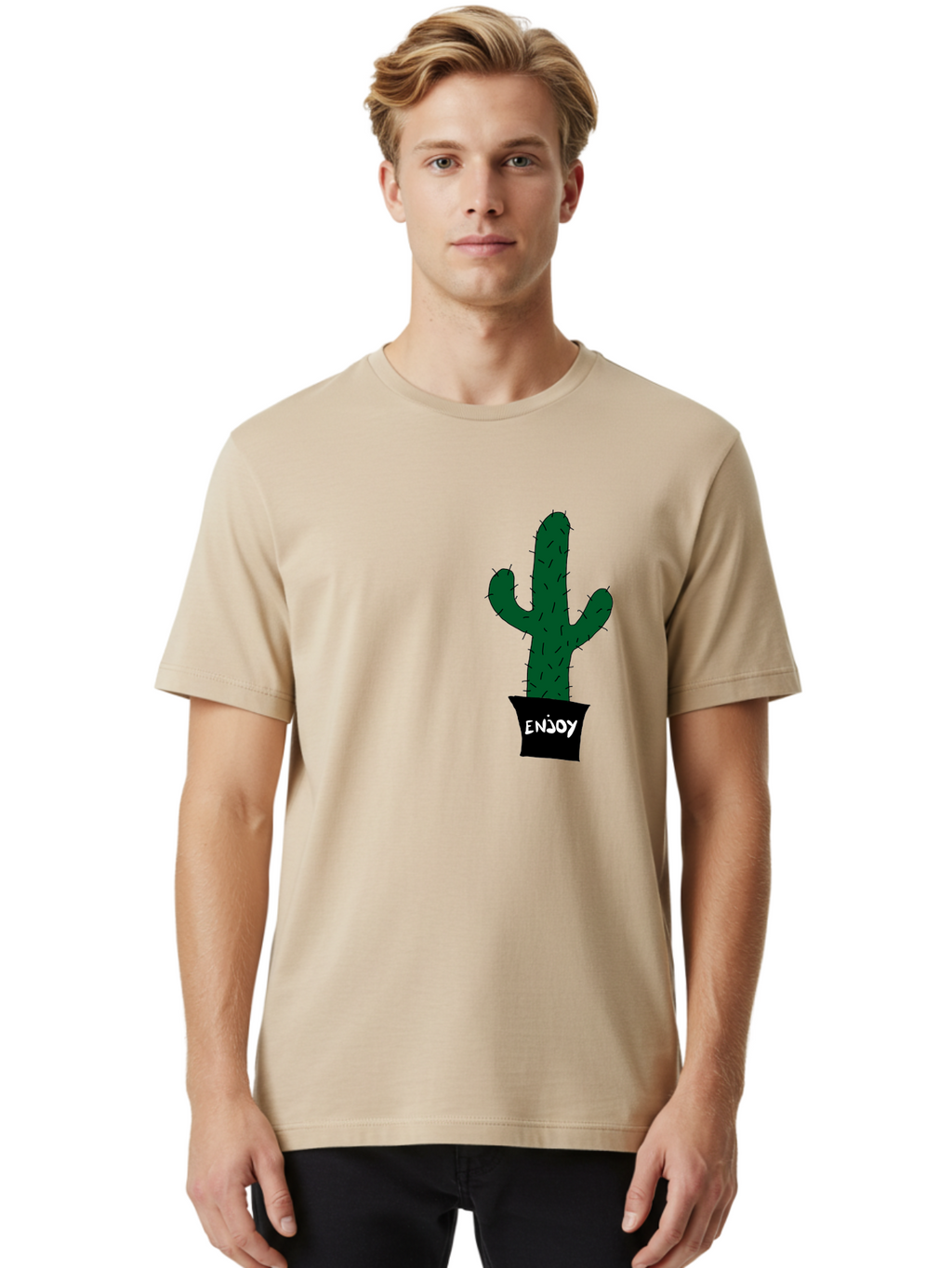 Enjoy Men'S Graphic Tee, 100% Cotton, Comfortable Casual Summer Wear, Machine Washable, Cactus In A Pot, Simple Design, Hand Drawn Illustration, Minimalistic Art, Cactus Plant, Enjoy Message, Modern Decor, Indoor Plants, Quirky Art, -  Aaa033