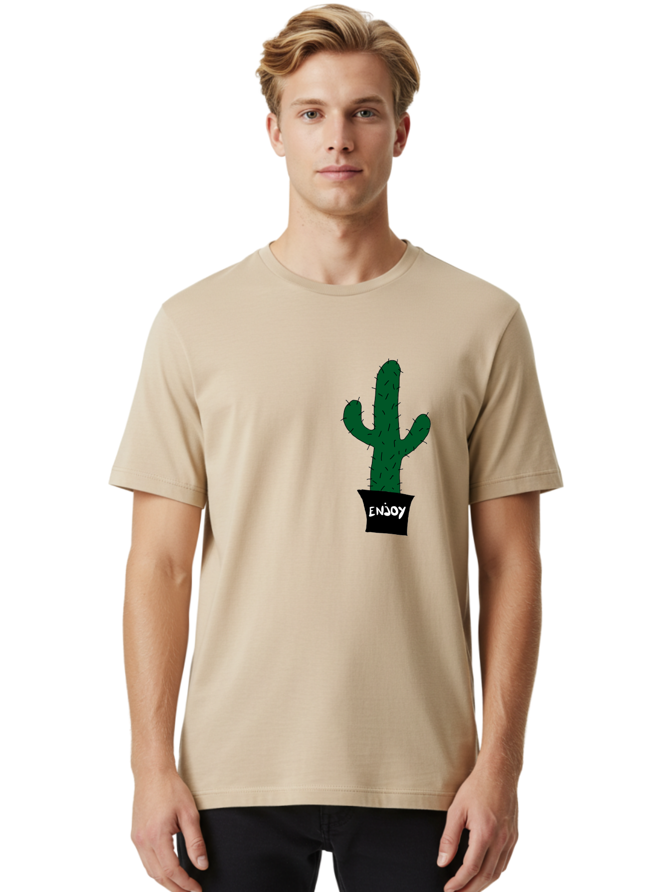 Enjoy Men'S Graphic Tee, 100% Cotton, Comfortable Casual Summer Wear, Machine Washable, Cactus In A Pot, Simple Design, Hand Drawn Illustration, Minimalistic Art, Cactus Plant, Enjoy Message, Modern Decor, Indoor Plants, Quirky Art, -  Aaa033
