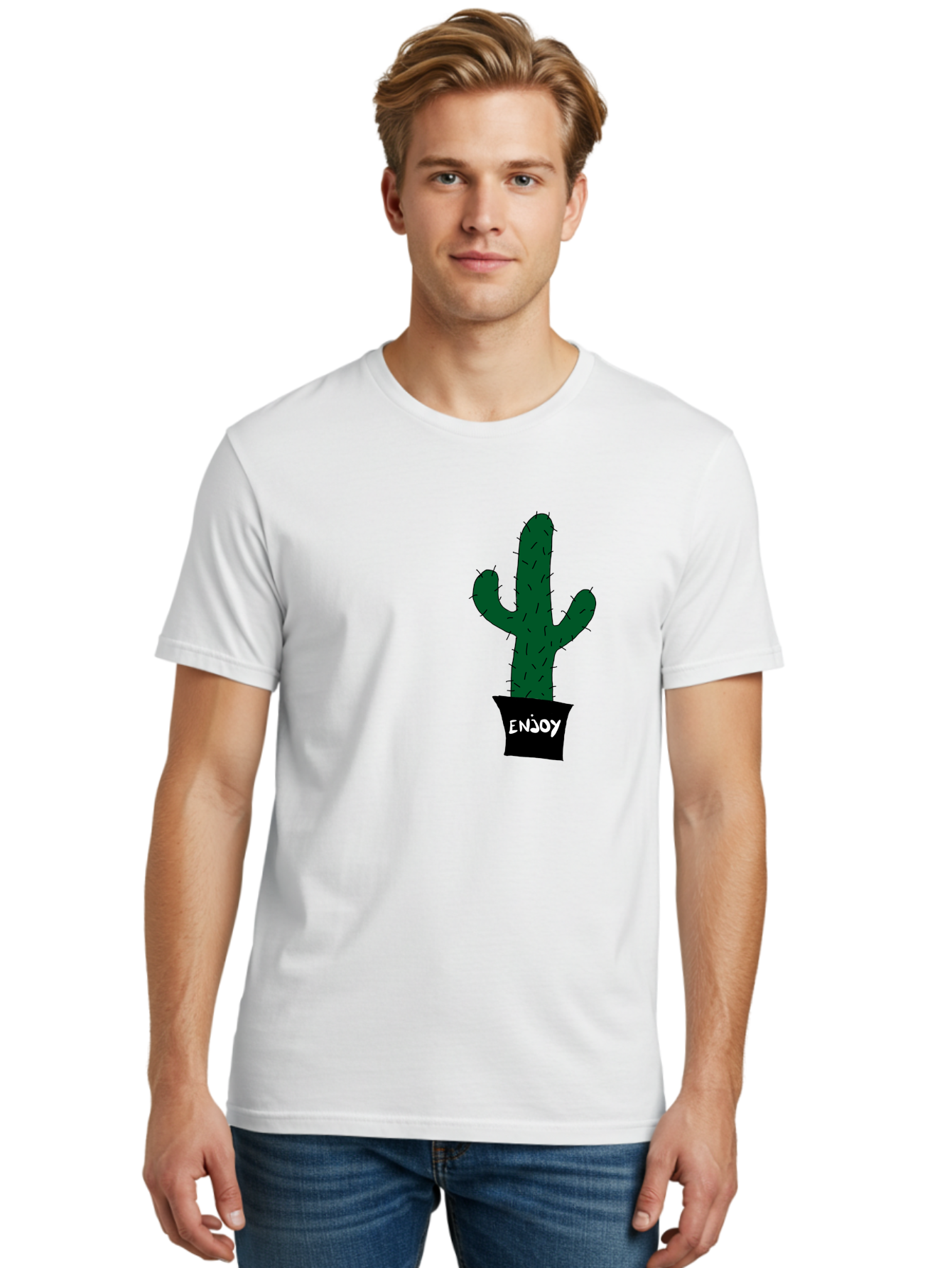 Enjoy Men'S Graphic Tee, 100% Cotton, Comfortable Casual Summer Wear, Machine Washable, Cactus In A Pot, Simple Design, Hand Drawn Illustration, Minimalistic Art, Cactus Plant, Enjoy Message, Modern Decor, Indoor Plants, Quirky Art, -  Aaa033