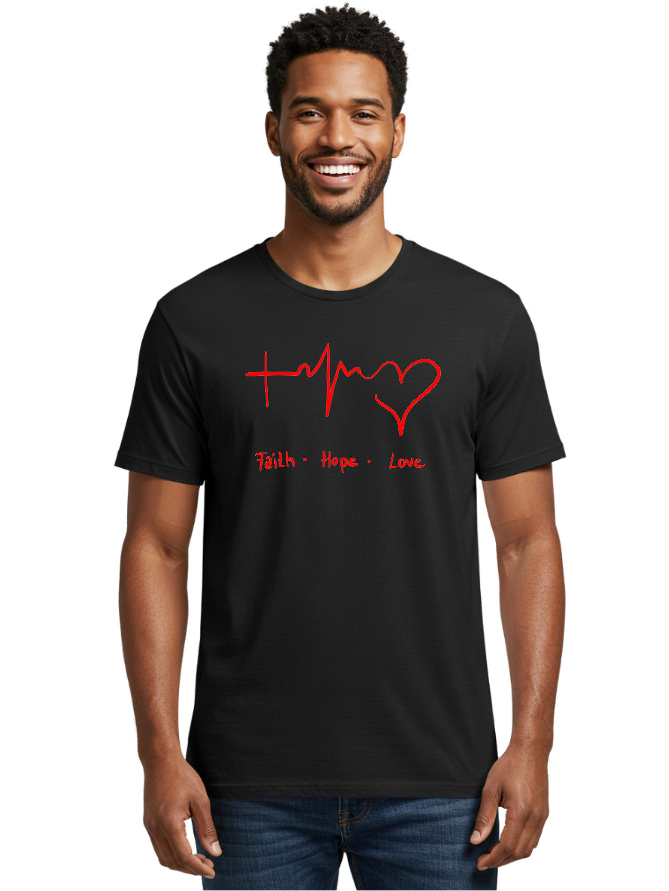 Faith-Hope-Love Men'S Graphic Tee, 100% Cotton, Comfortable Casual Summer Wear, Machine Washable, Heart Rate Monitor Forming A Heart, Faith Hope Love, Inspirational Quote, Love Symbol, Heartbeat Love, Positive Message, Heart Symbol, -  Aaa035