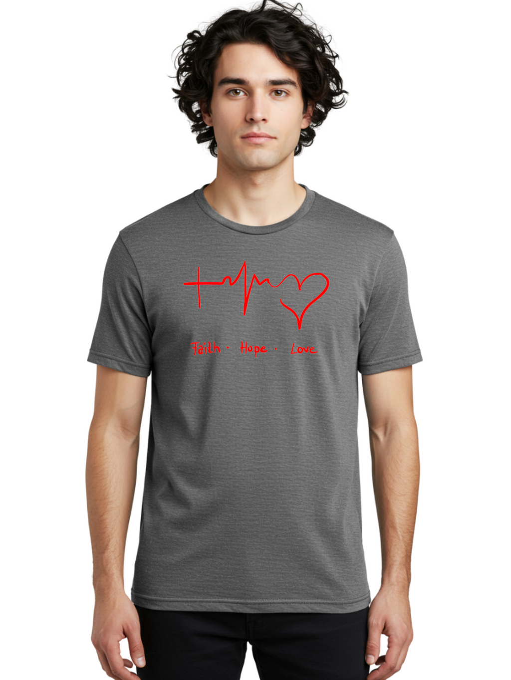 Faith-Hope-Love Men'S Graphic Tee, 100% Cotton, Comfortable Casual Summer Wear, Machine Washable, Heart Rate Monitor Forming A Heart, Faith Hope Love, Inspirational Quote, Love Symbol, Heartbeat Love, Positive Message, Heart Symbol, -  Aaa035