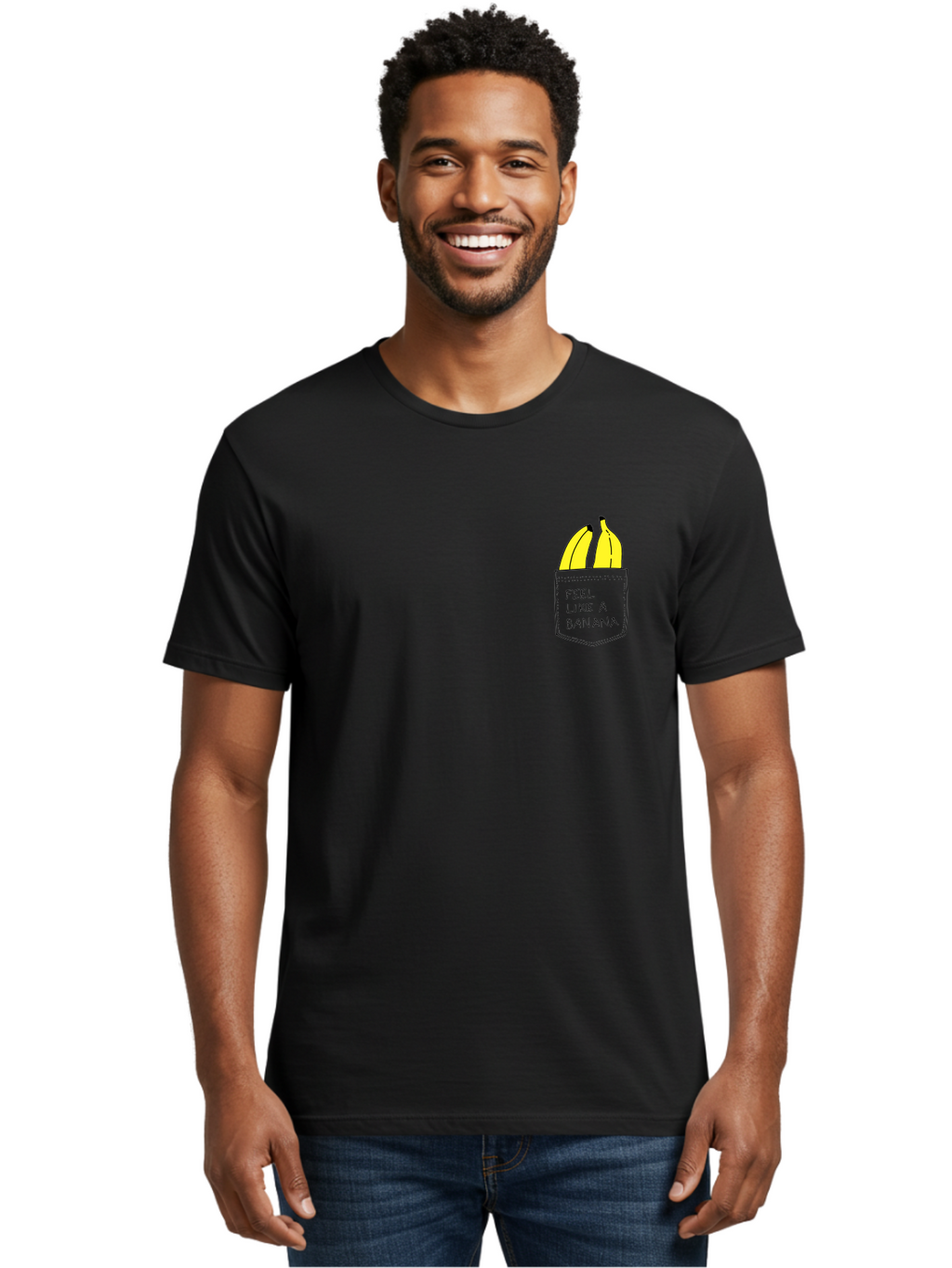Feel-Like-A-Banana Men'S Graphic Tee, 100% Cotton, Comfortable Casual Summer Wear, Machine Washable, Yellow Bananas, Playful Illustration, Pocket With Text, Humorous Quote, Funny Design, Quirky Art, Banana Theme, Creative Typography, -  Aaa036