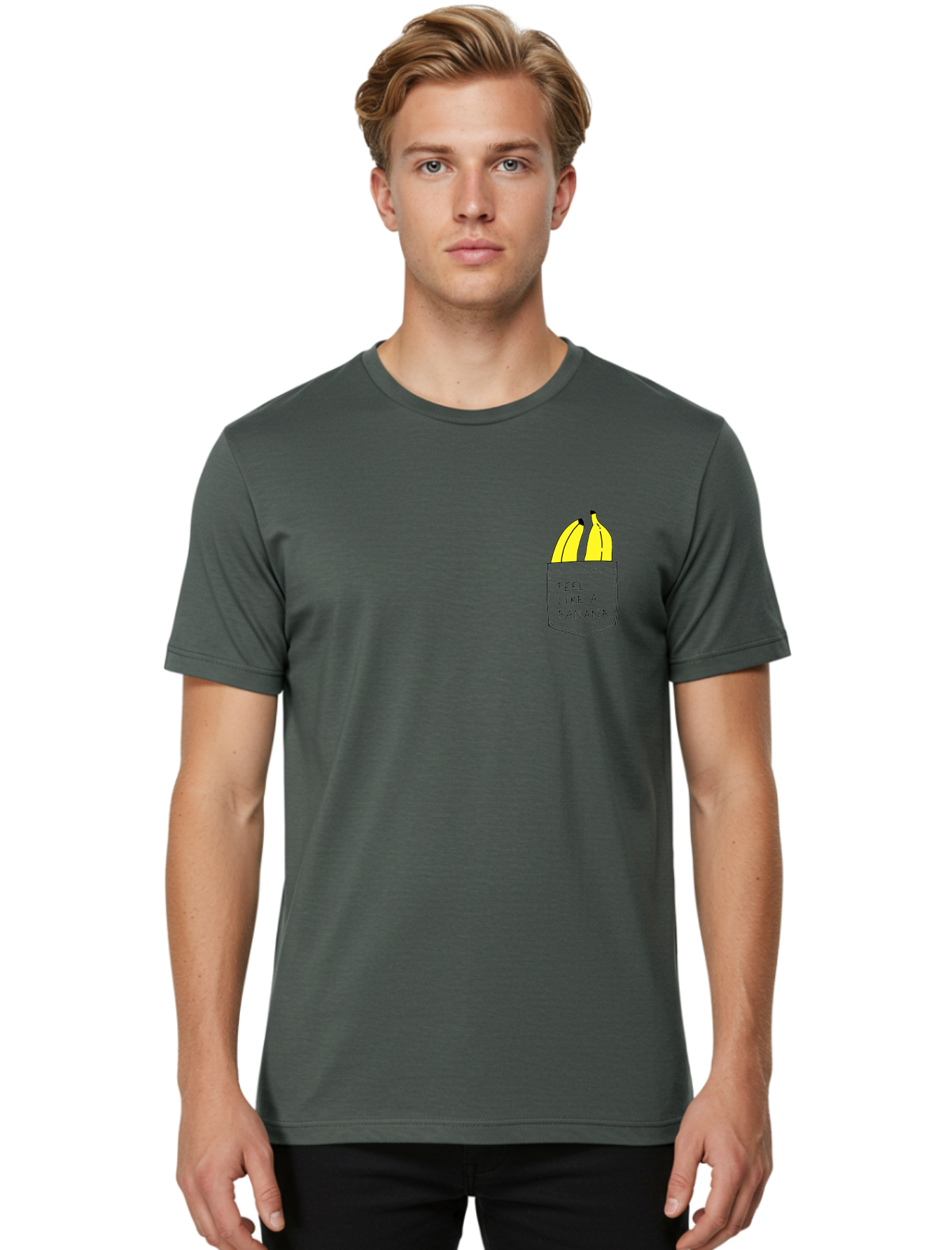 Feel-Like-A-Banana Men'S Graphic Tee, 100% Cotton, Comfortable Casual Summer Wear, Machine Washable, Yellow Bananas, Playful Illustration, Pocket With Text, Humorous Quote, Funny Design, Quirky Art, Banana Theme, Creative Typography, -  Aaa036