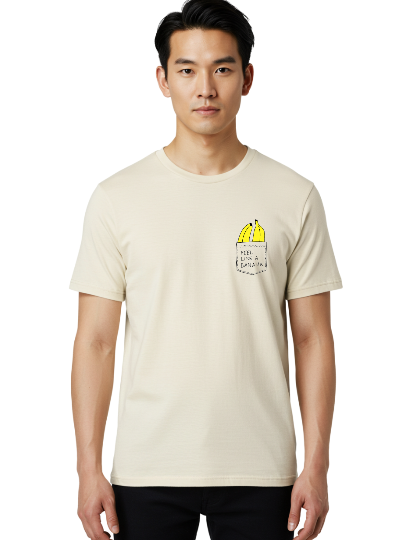 Feel-Like-A-Banana Men'S Graphic Tee, 100% Cotton, Comfortable Casual Summer Wear, Machine Washable, Yellow Bananas, Playful Illustration, Pocket With Text, Humorous Quote, Funny Design, Quirky Art, Banana Theme, Creative Typography, -  Aaa036