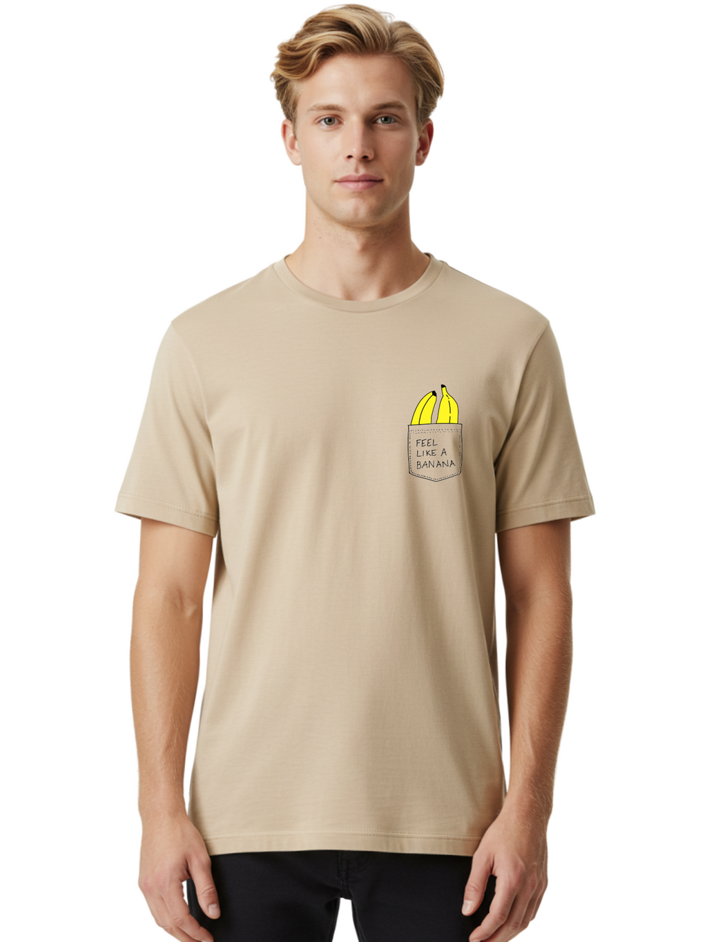 Feel-Like-A-Banana Men'S Graphic Tee, 100% Cotton, Comfortable Casual Summer Wear, Machine Washable, Yellow Bananas, Playful Illustration, Pocket With Text, Humorous Quote, Funny Design, Quirky Art, Banana Theme, Creative Typography, -  Aaa036