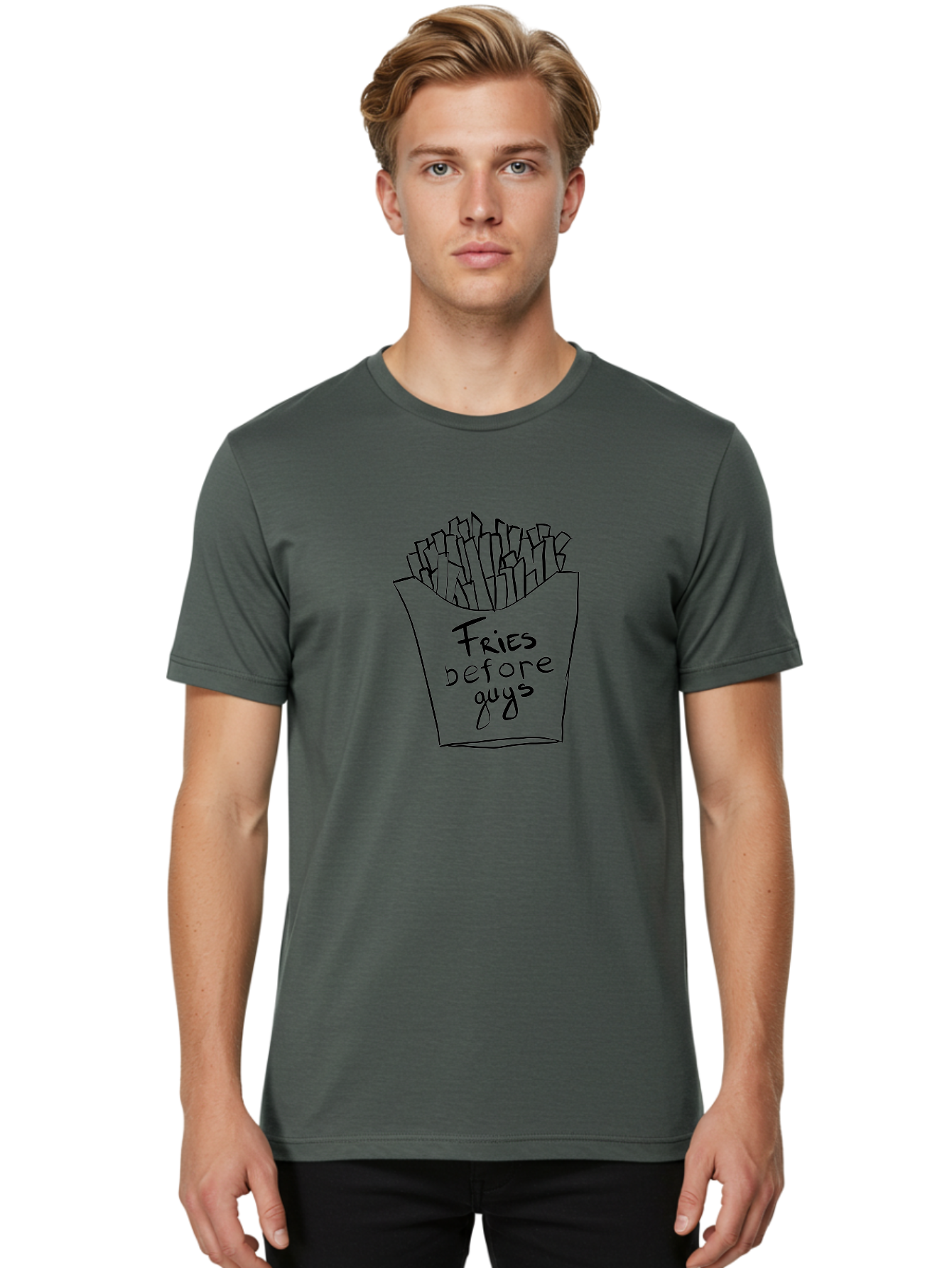 Fries-Before-Guys Men'S Graphic Tee, 100% Cotton, Comfortable Casual Summer Wear, Machine Washable, Funny Quote, French Fries, Foodie Humor, Sassy Phrase, Quirky Illustration, Hand-Drawn, Witty Saying, Fries Before Guys -  Aaa040