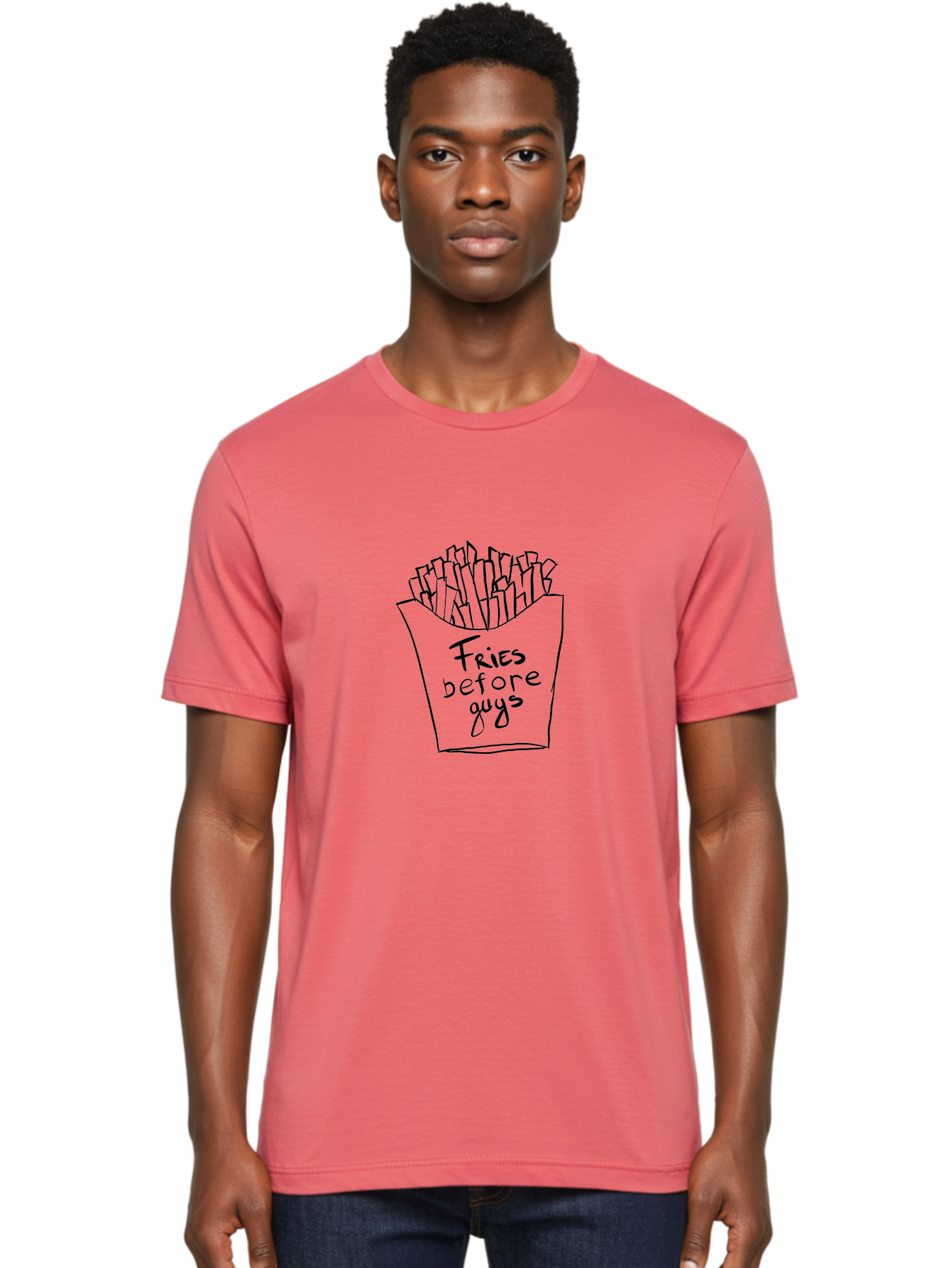 Fries-Before-Guys Men'S Graphic Tee, 100% Cotton, Comfortable Casual Summer Wear, Machine Washable, Funny Quote, French Fries, Foodie Humor, Sassy Phrase, Quirky Illustration, Hand-Drawn, Witty Saying, Fries Before Guys -  Aaa040