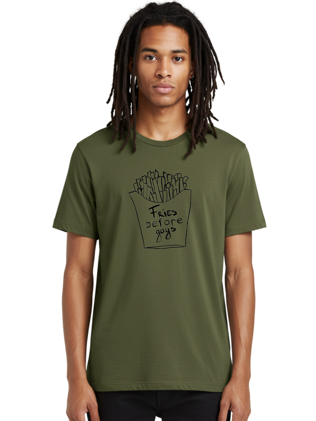 Fries-Before-Guys Men'S Graphic Tee, 100% Cotton, Comfortable Casual Summer Wear, Machine Washable, Funny Quote, French Fries, Foodie Humor, Sassy Phrase, Quirky Illustration, Hand-Drawn, Witty Saying, Fries Before Guys -  Aaa040
