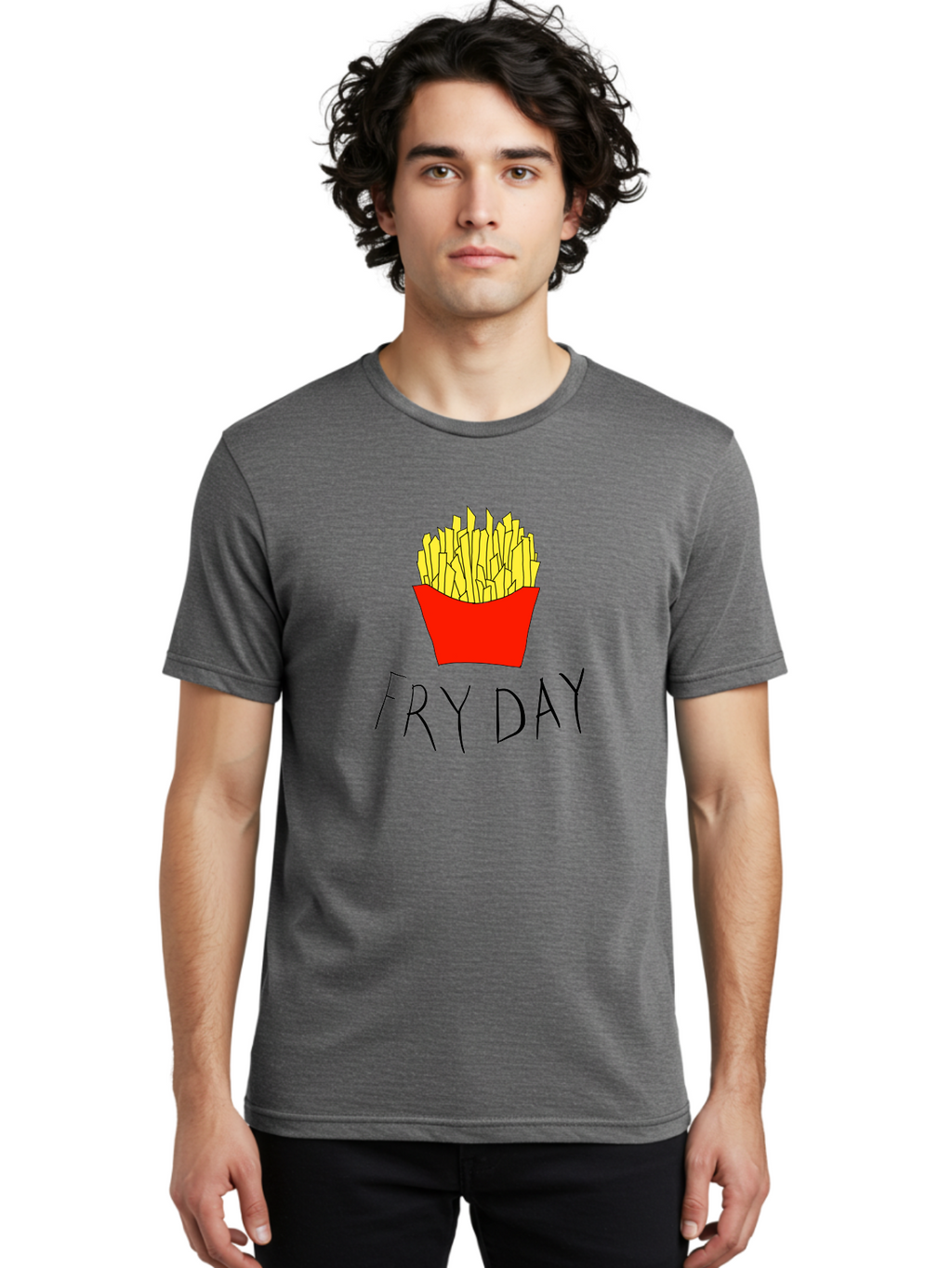 Fry-Day Men'S Graphic Tee, 100% Cotton, Comfortable Casual Summer Wear, Machine Washable, French Fries, Red Container, Yellow Fries, Cartoon Style, Playful Graphics, Food Illustration, Restaurant Promotion -  Aaa041