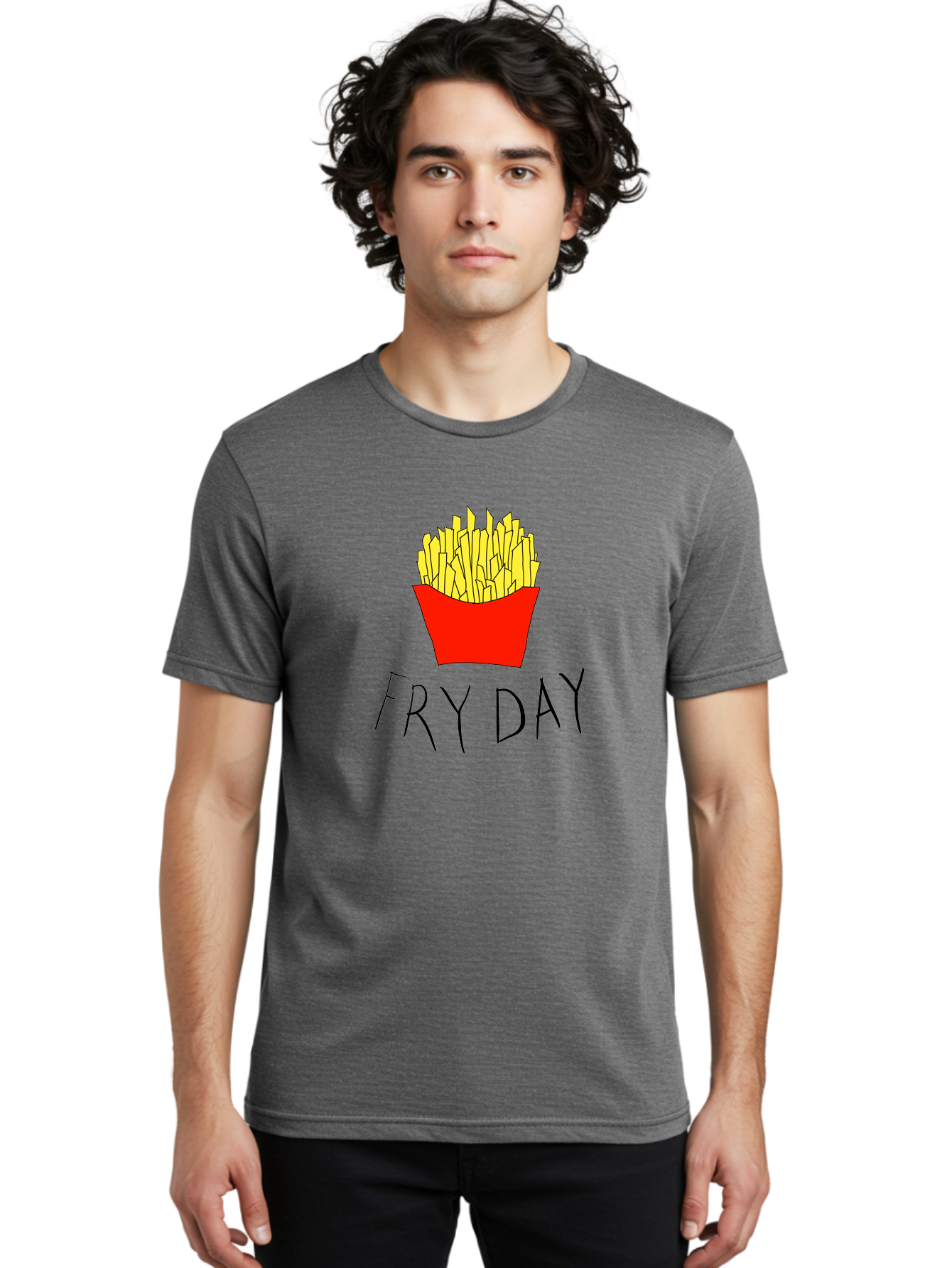 Fry-Day Men'S Graphic Tee, 100% Cotton, Comfortable Casual Summer Wear, Machine Washable, French Fries, Red Container, Yellow Fries, Cartoon Style, Playful Graphics, Food Illustration, Restaurant Promotion -  Aaa041