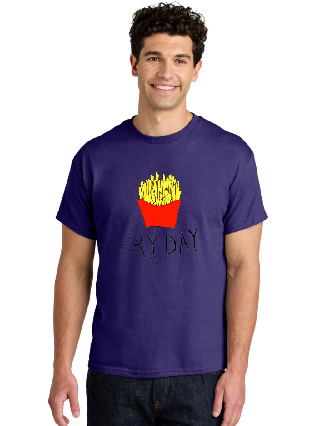Fry-Day Men'S Graphic Tee, 100% Cotton, Comfortable Casual Summer Wear, Machine Washable, French Fries, Red Container, Yellow Fries, Cartoon Style, Playful Graphics, Food Illustration, Restaurant Promotion -  Aaa041