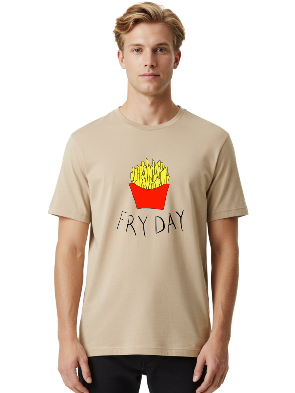 Fry-Day Men'S Graphic Tee, 100% Cotton, Comfortable Casual Summer Wear, Machine Washable, French Fries, Red Container, Yellow Fries, Cartoon Style, Playful Graphics, Food Illustration, Restaurant Promotion -  Aaa041