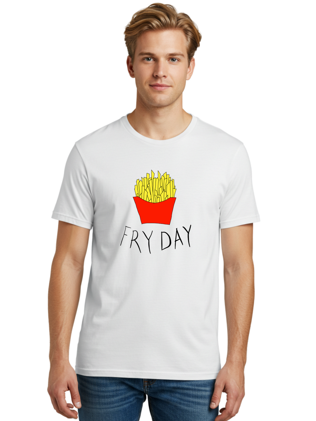 Fry-Day Men'S Graphic Tee, 100% Cotton, Comfortable Casual Summer Wear, Machine Washable, French Fries, Red Container, Yellow Fries, Cartoon Style, Playful Graphics, Food Illustration, Restaurant Promotion -  Aaa041