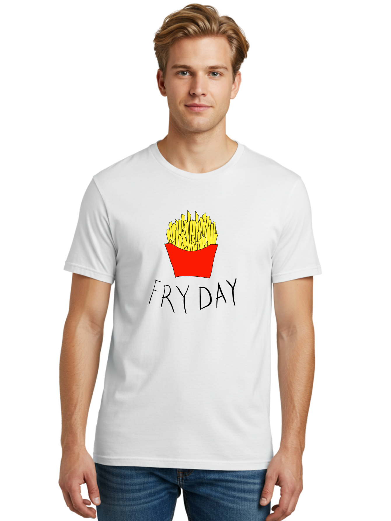 Fry-Day Men'S Graphic Tee, 100% Cotton, Comfortable Casual Summer Wear, Machine Washable, French Fries, Red Container, Yellow Fries, Cartoon Style, Playful Graphics, Food Illustration, Restaurant Promotion -  Aaa041