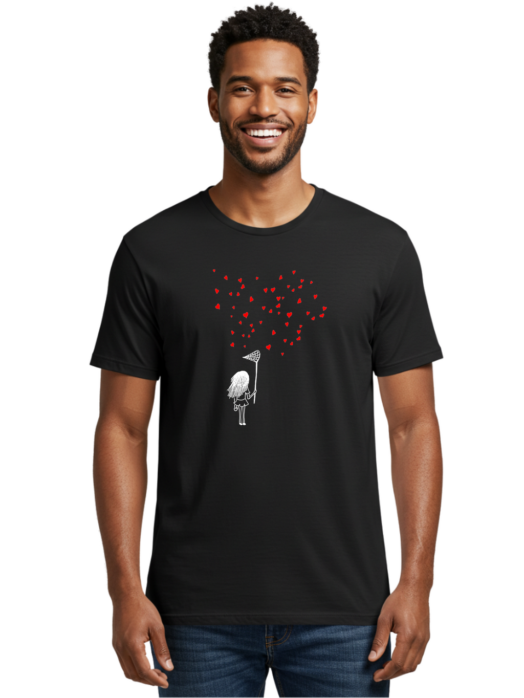 Girl-Catching-Hearts Men'S Graphic Tee, 100% Cotton, Comfortable Casual Summer Wear, Machine Washable, Girl Catching Hearts, Heart-Shaped Objects, Net In Hand, Whimsical Illustration, Playful Theme, Red Hearts, White Outline, Cute Character -  Aaa042