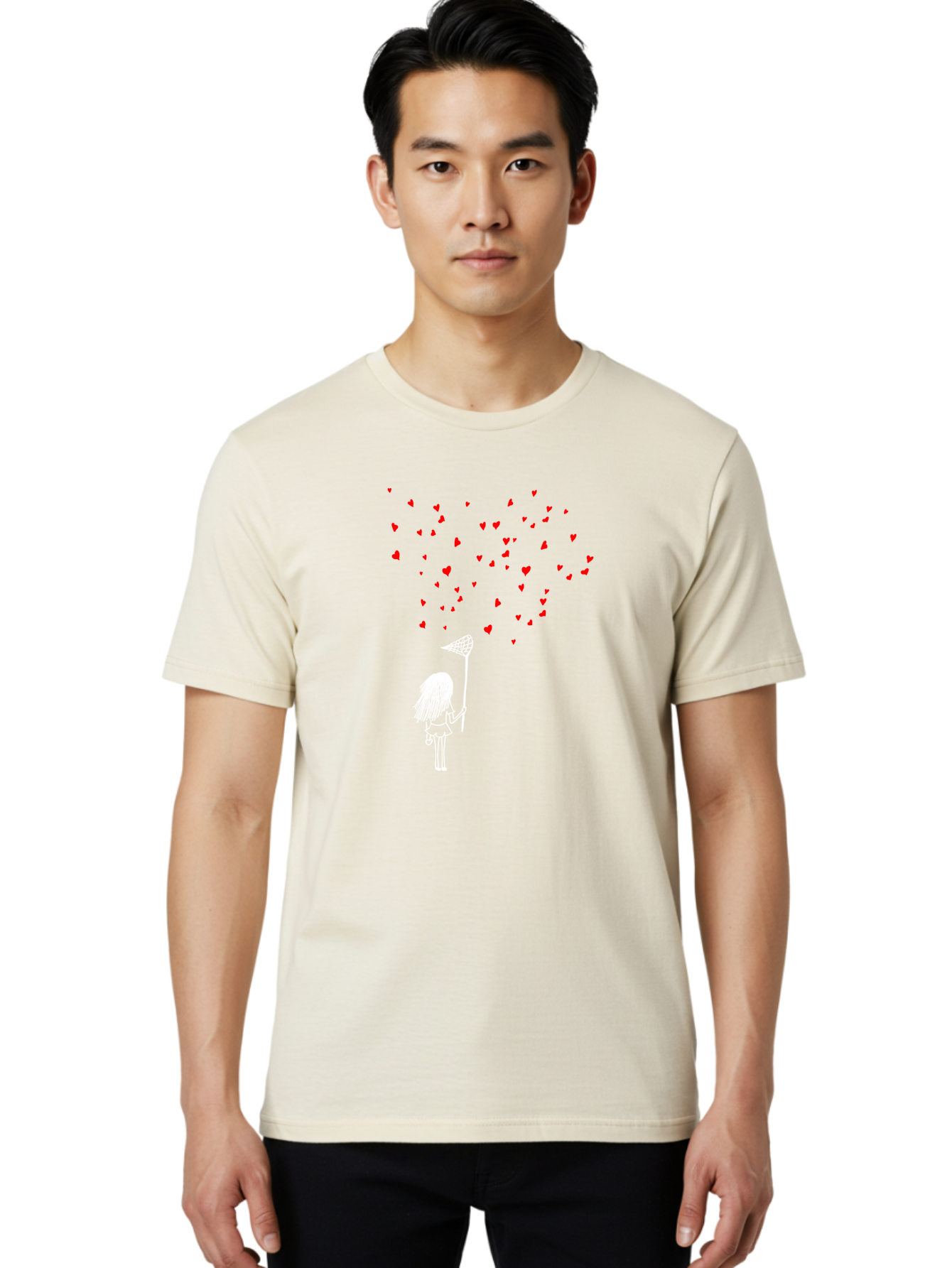 Girl-Catching-Hearts Men'S Graphic Tee, 100% Cotton, Comfortable Casual Summer Wear, Machine Washable, Girl Catching Hearts, Heart-Shaped Objects, Net In Hand, Whimsical Illustration, Playful Theme, Red Hearts, White Outline, Cute Character -  Aaa042