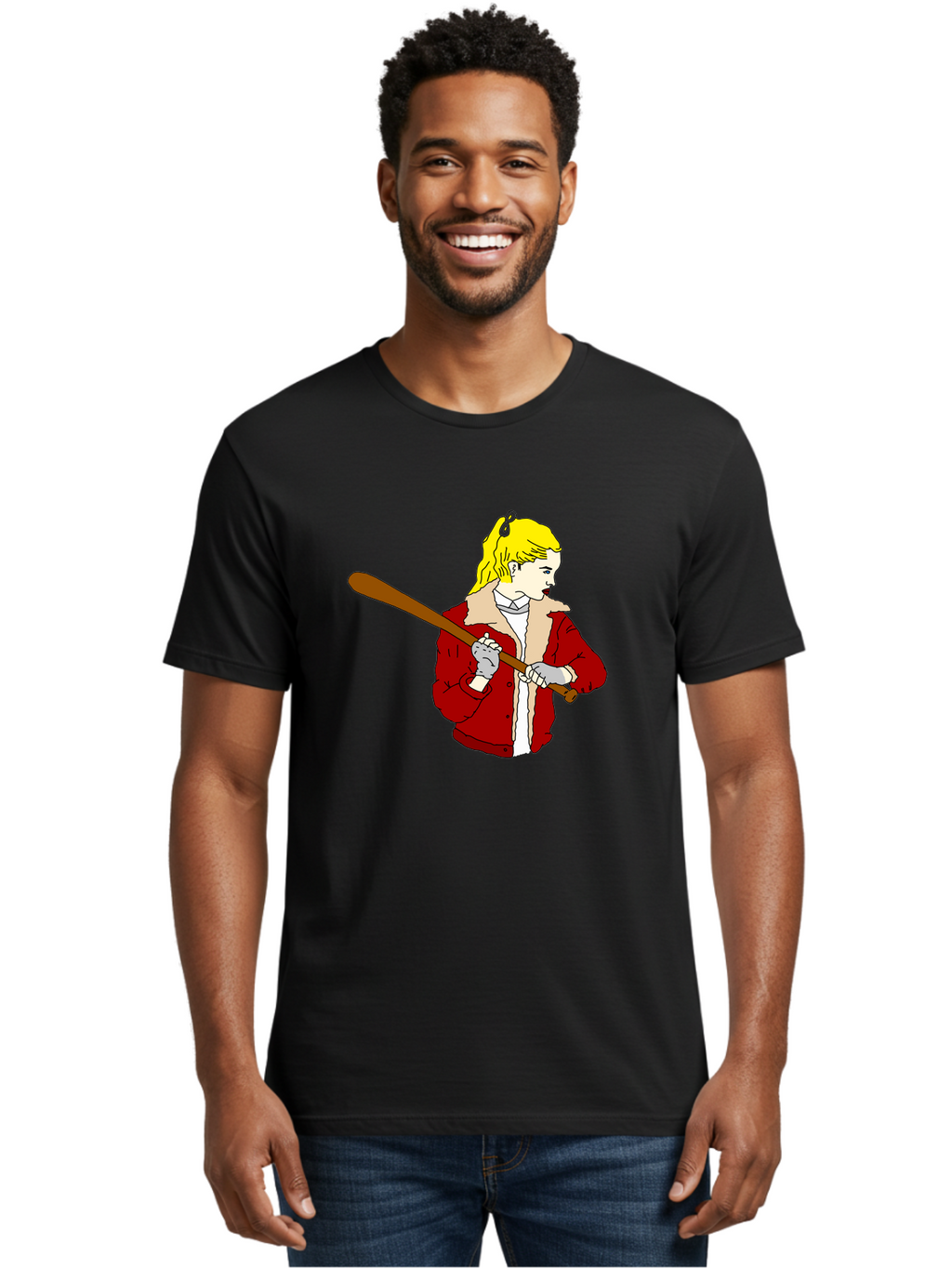 Girl-With-Baseball-Bat Men'S Graphic Tee, 100% Cotton, Comfortable Casual Summer Wear, Machine Washable, Girl With Blonde Hair, Red Jacket With Fur Collar, Holding Baseball Bat, Cartoon Style, Baseball Player, Young Athlete, Sporty Girl, -  Aaa044