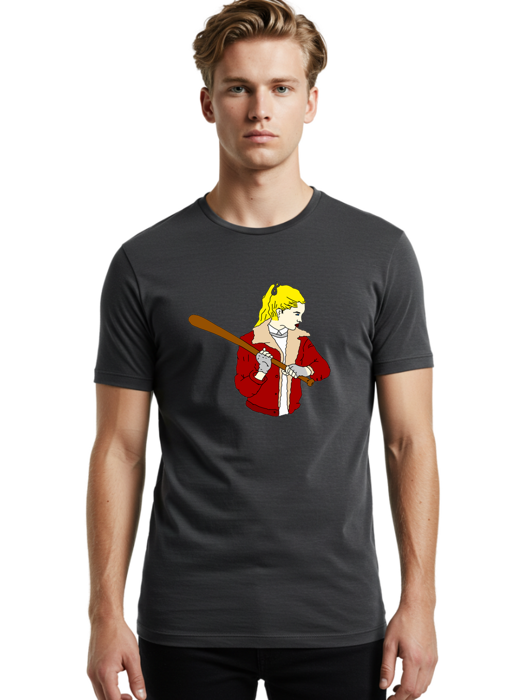 Girl-With-Baseball-Bat Men'S Graphic Tee, 100% Cotton, Comfortable Casual Summer Wear, Machine Washable, Girl With Blonde Hair, Red Jacket With Fur Collar, Holding Baseball Bat, Cartoon Style, Baseball Player, Young Athlete, Sporty Girl, -  Aaa044