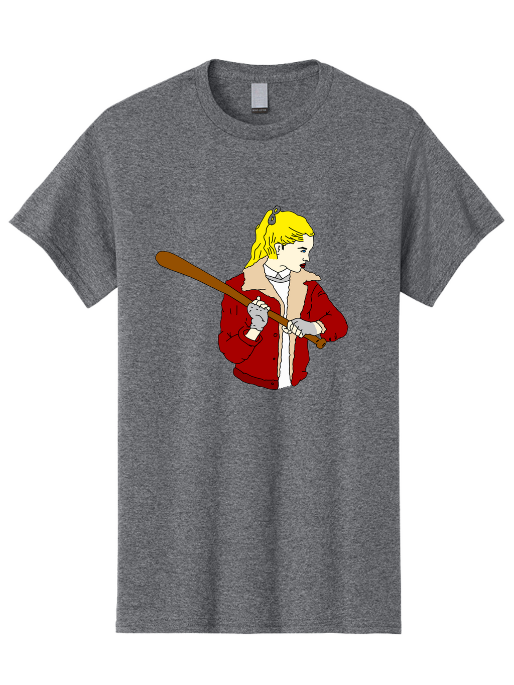 Girl-With-Baseball-Bat Men'S Graphic Tee, 100% Cotton, Comfortable Casual Summer Wear, Machine Washable, Girl With Blonde Hair, Red Jacket With Fur Collar, Holding Baseball Bat, Cartoon Style, Baseball Player, Young Athlete, Sporty Girl, -  Aaa044
