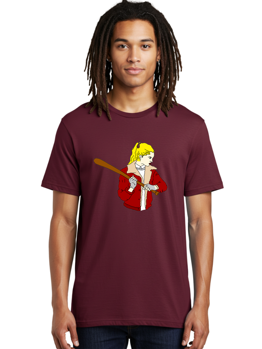 Girl-With-Baseball-Bat Men'S Graphic Tee, 100% Cotton, Comfortable Casual Summer Wear, Machine Washable, Girl With Blonde Hair, Red Jacket With Fur Collar, Holding Baseball Bat, Cartoon Style, Baseball Player, Young Athlete, Sporty Girl, -  Aaa044