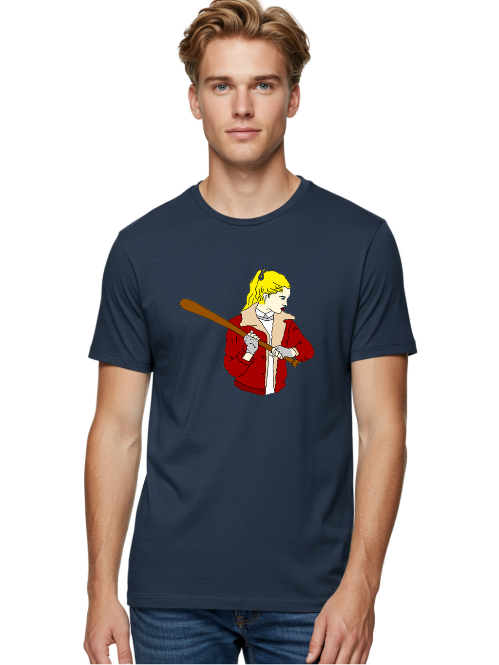 Girl-With-Baseball-Bat Men'S Graphic Tee, 100% Cotton, Comfortable Casual Summer Wear, Machine Washable, Girl With Blonde Hair, Red Jacket With Fur Collar, Holding Baseball Bat, Cartoon Style, Baseball Player, Young Athlete, Sporty Girl, -  Aaa044